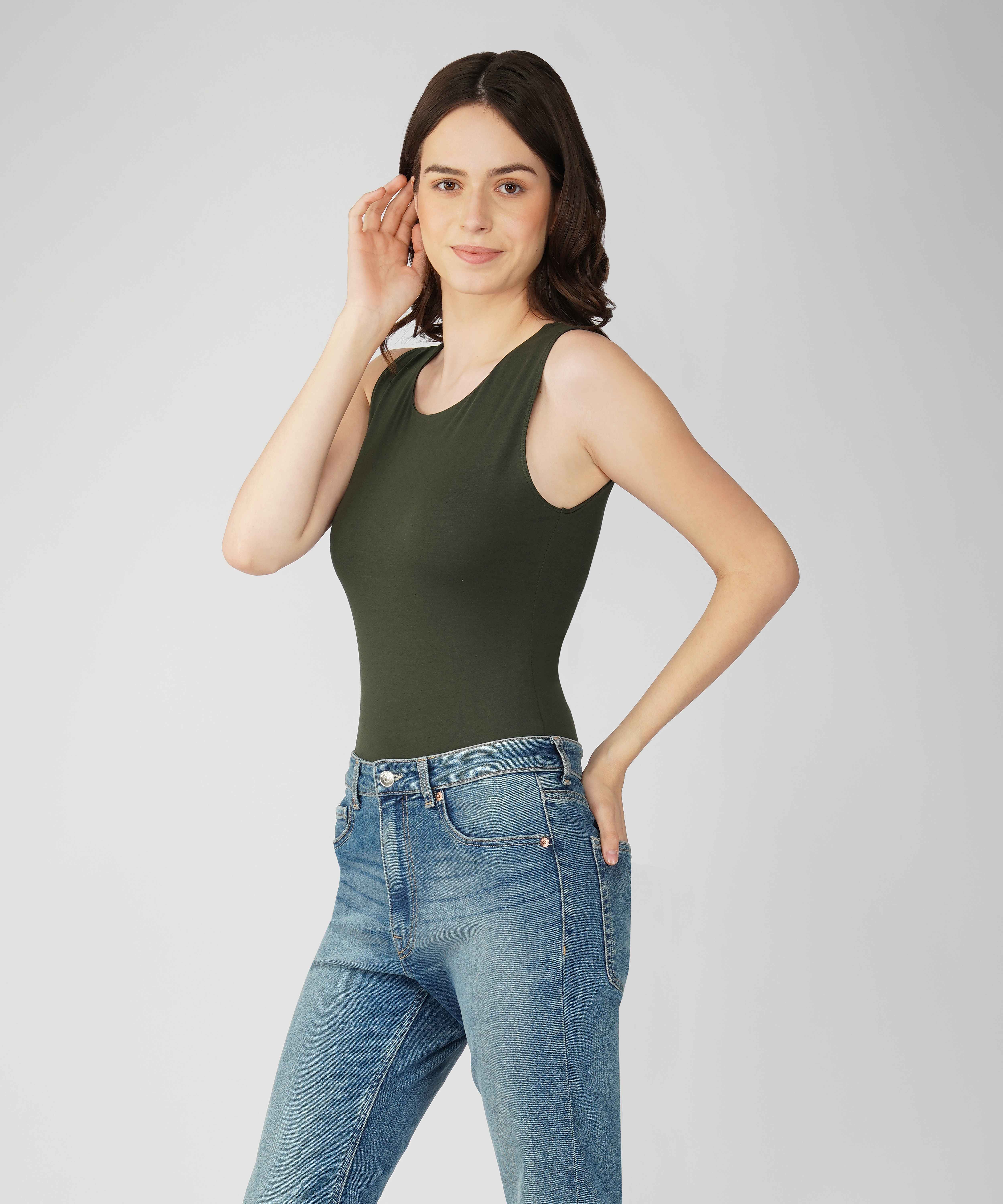 Oneway Women Solid Slim Fit Dark Olive Bodysuit