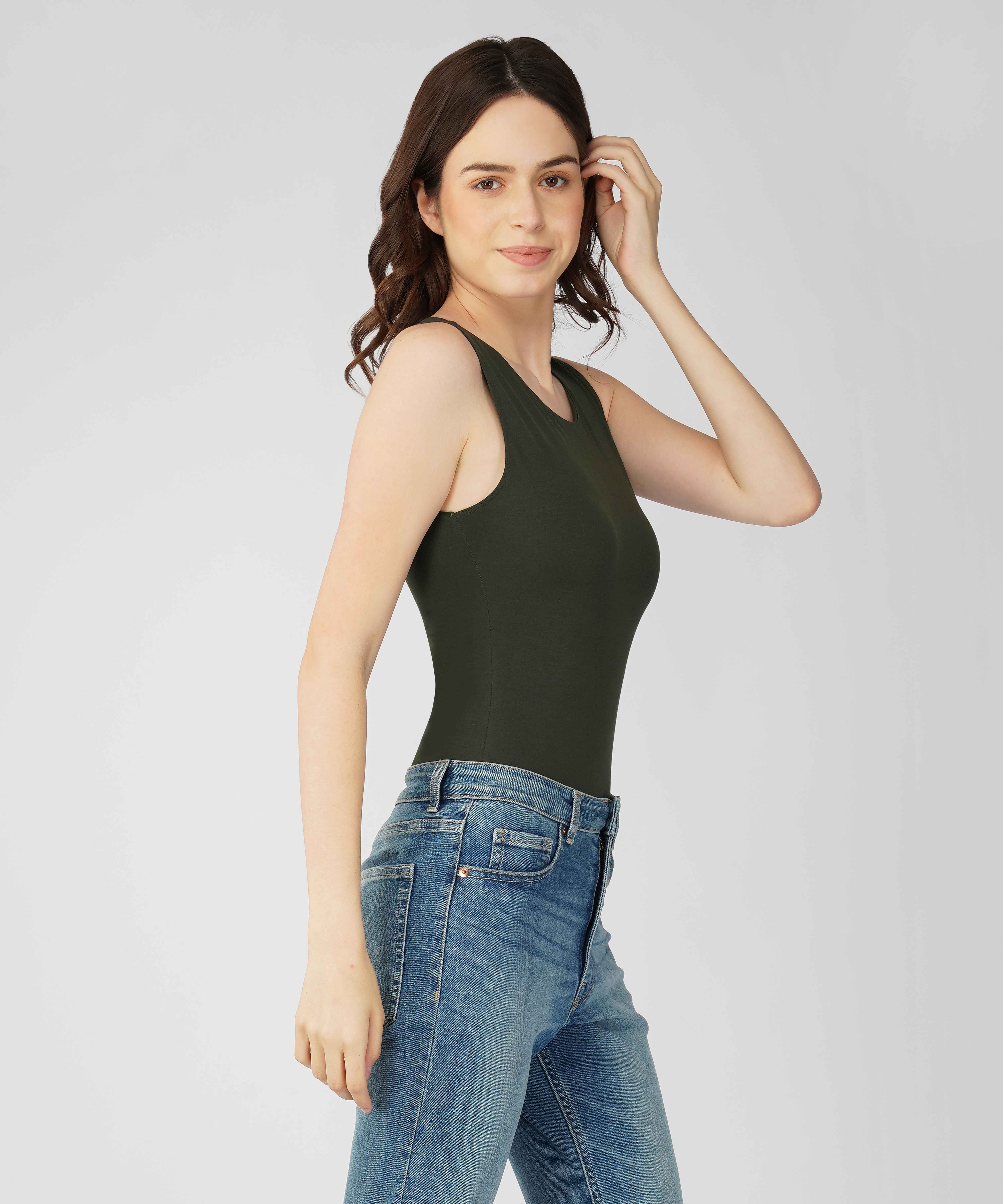 Oneway Women Solid Slim Fit Dark Olive Bodysuit