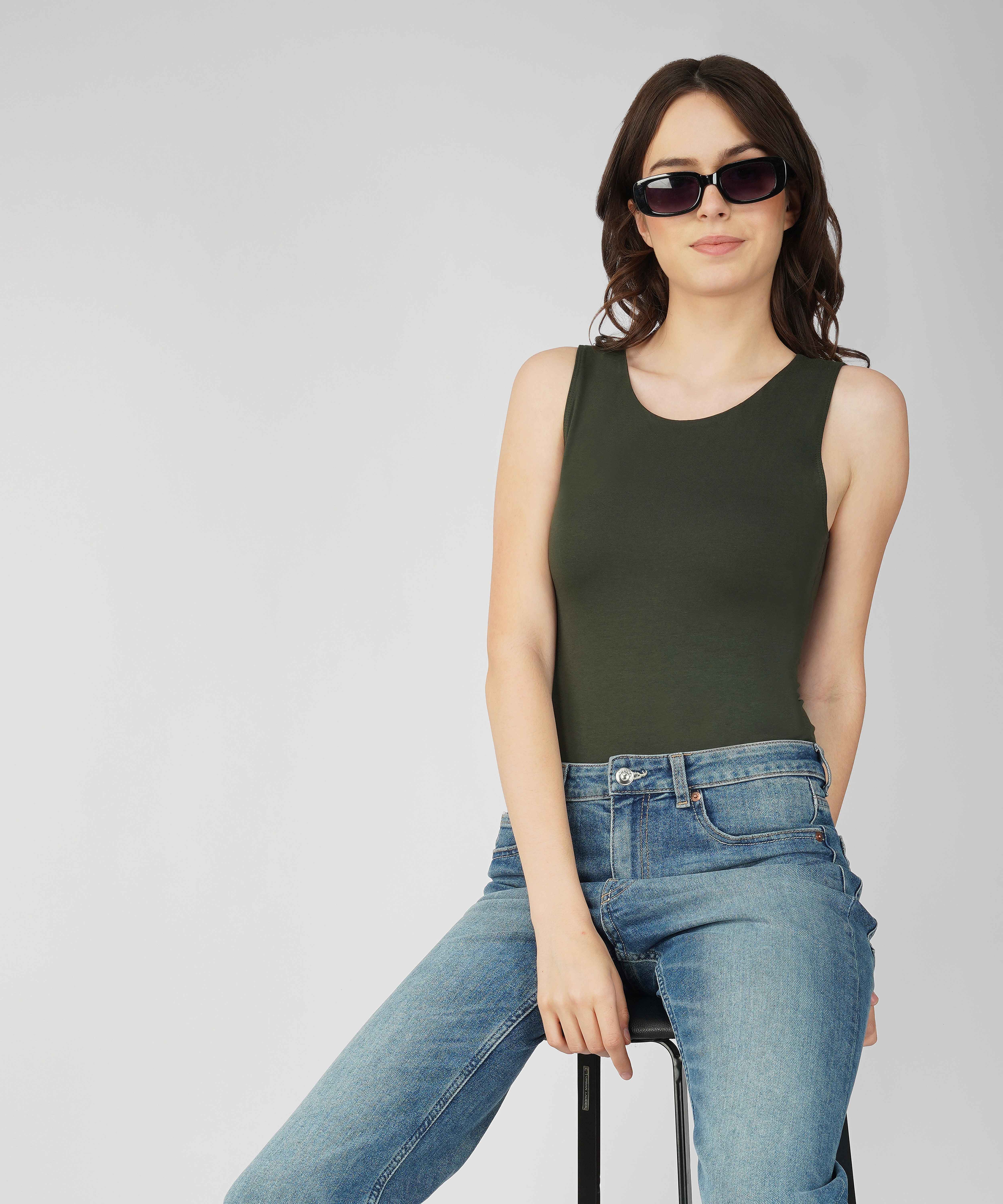 Oneway Women Solid Slim Fit Dark Olive Bodysuit