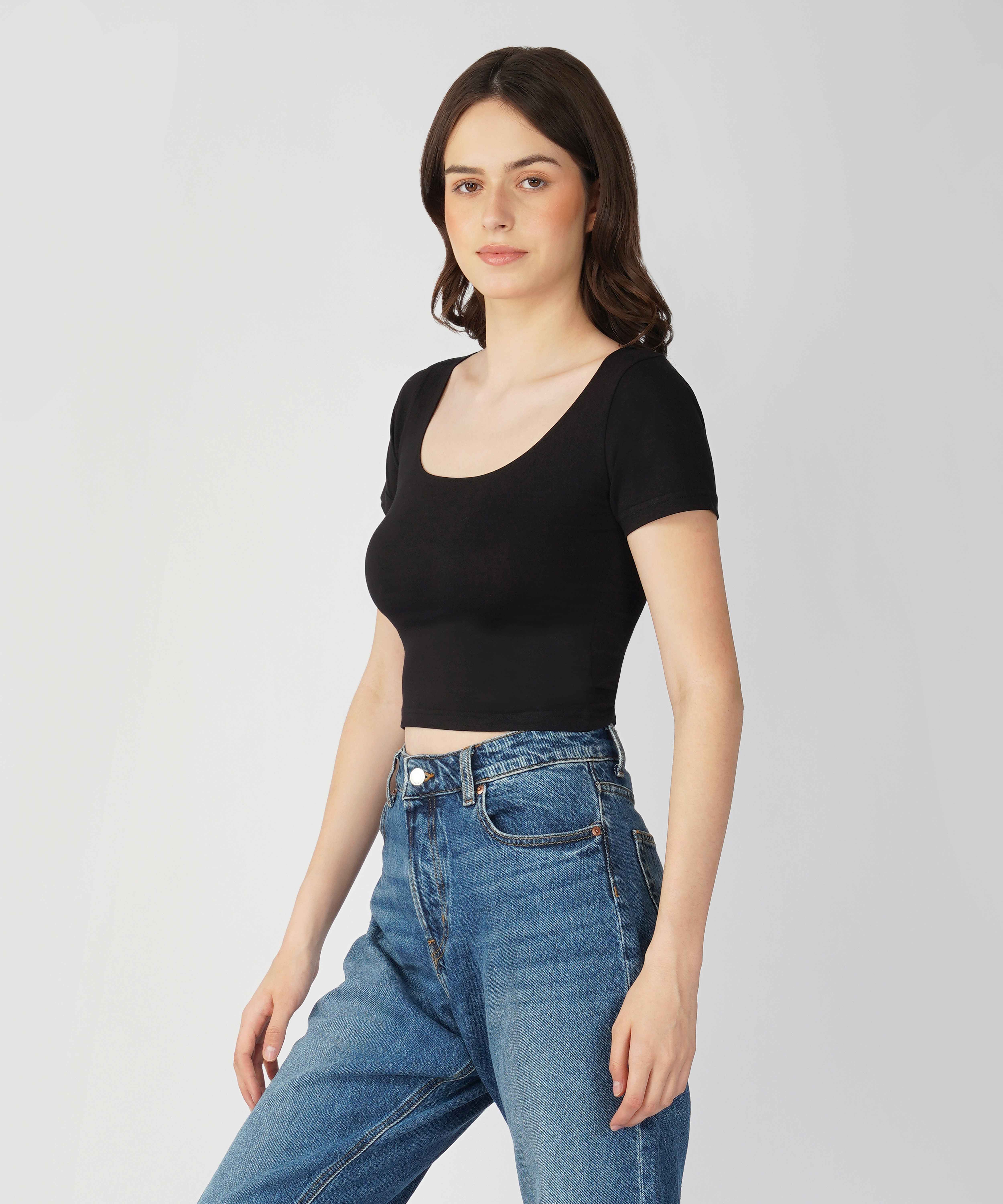 Oneway Women Solid Slim Fit Black Top