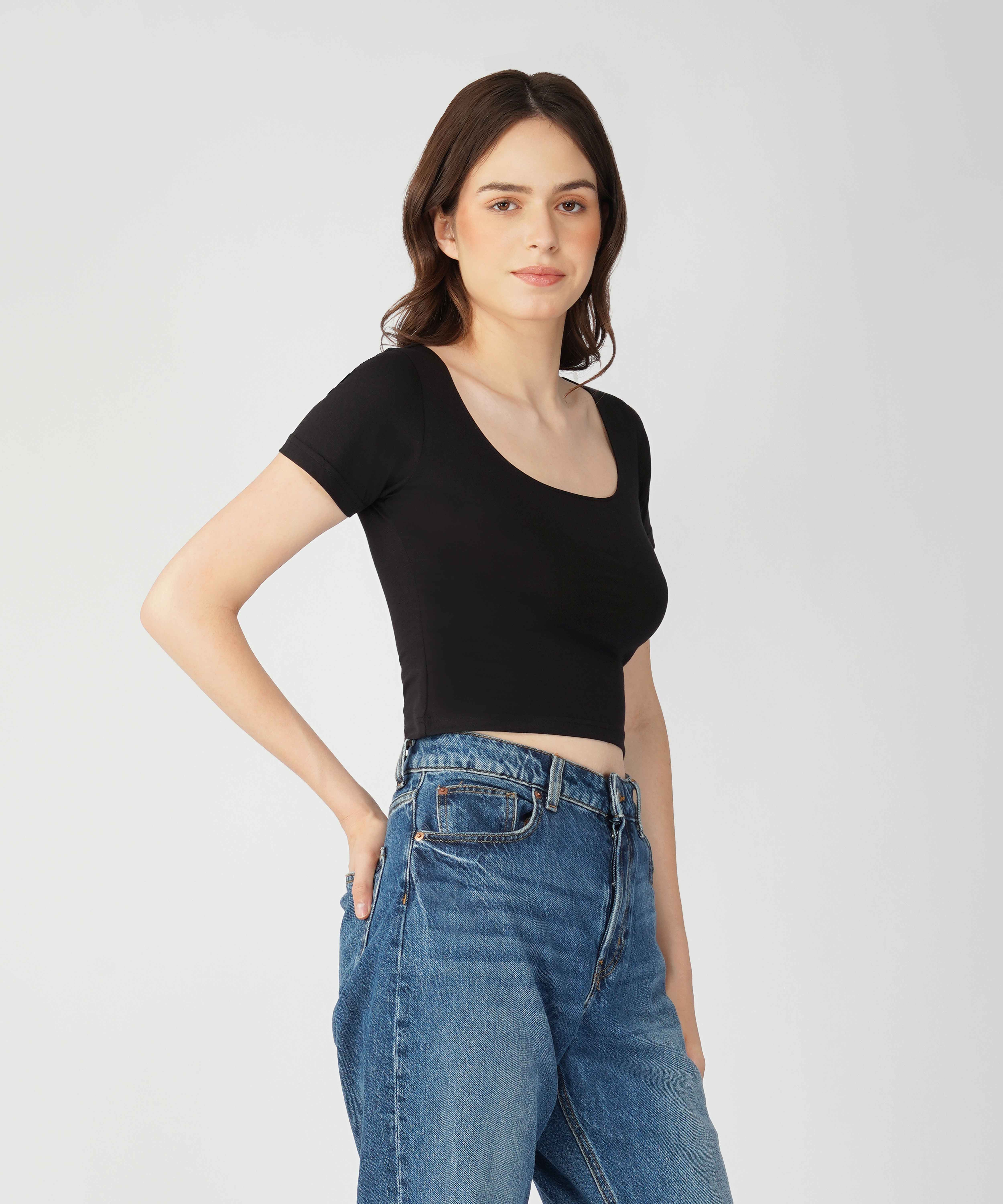 Oneway Women Solid Slim Fit Black Top