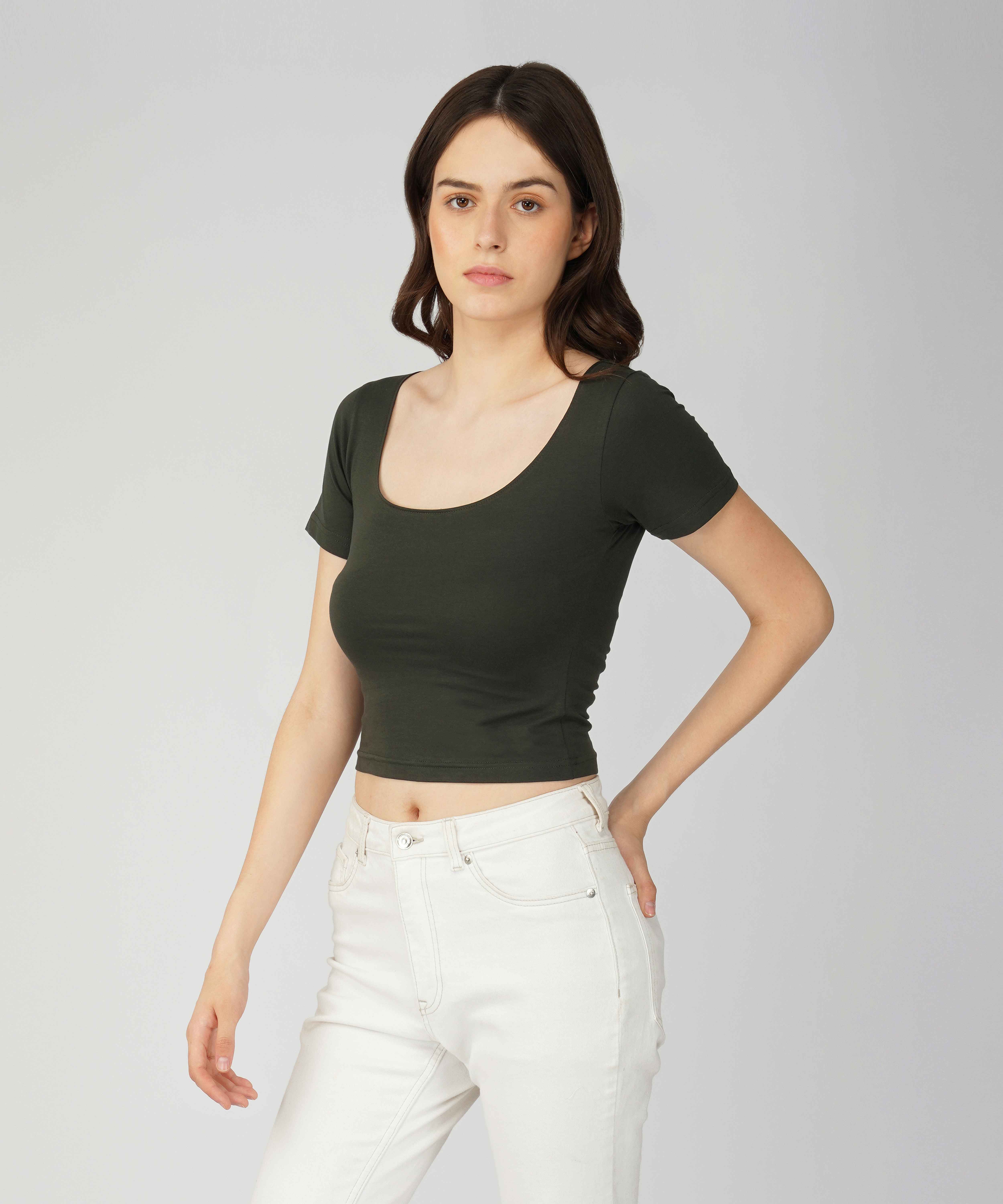 Oneway Women Solid Slim Fit Dk. Olive Top