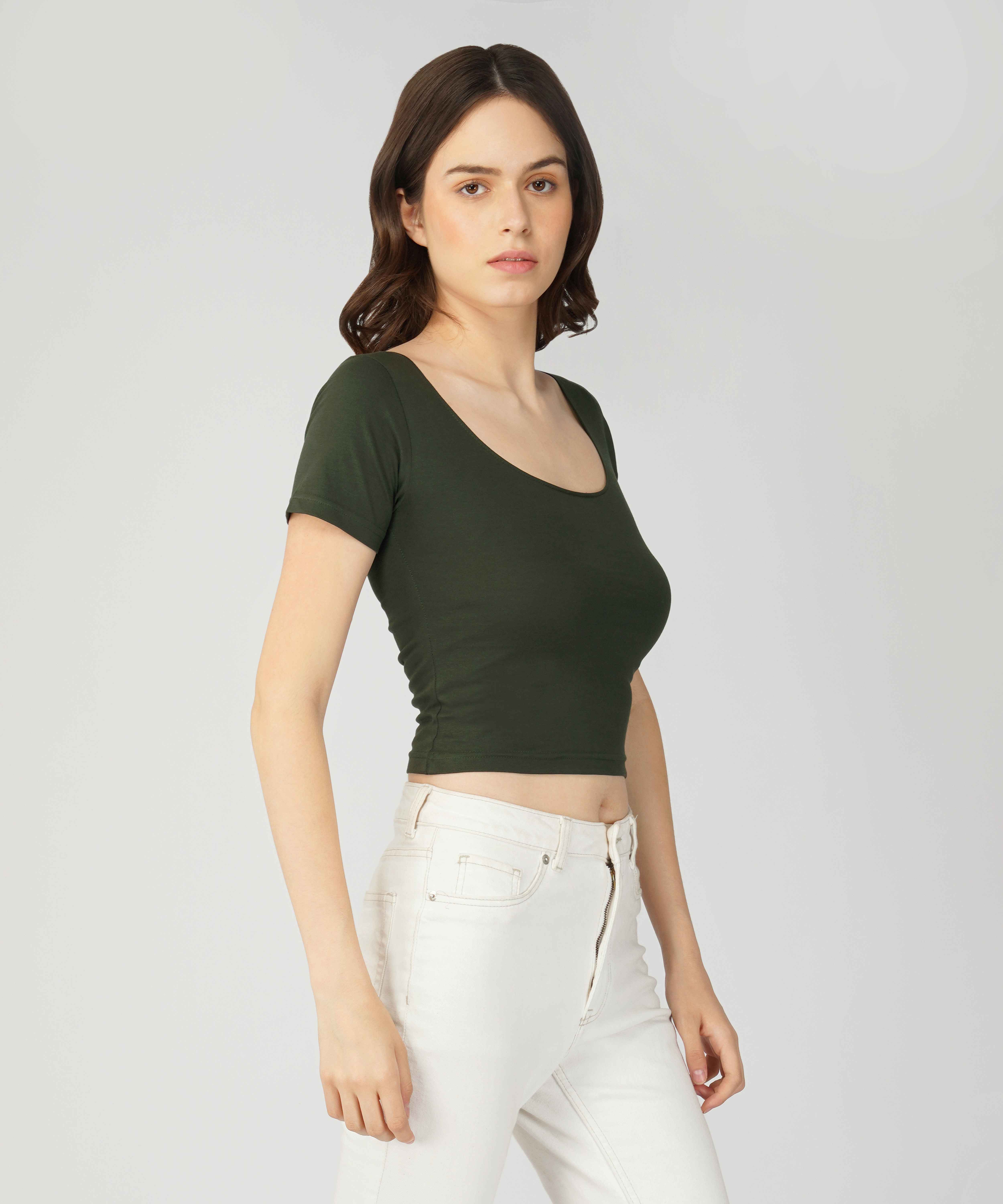 Oneway Women Solid Slim Fit Dk. Olive Top