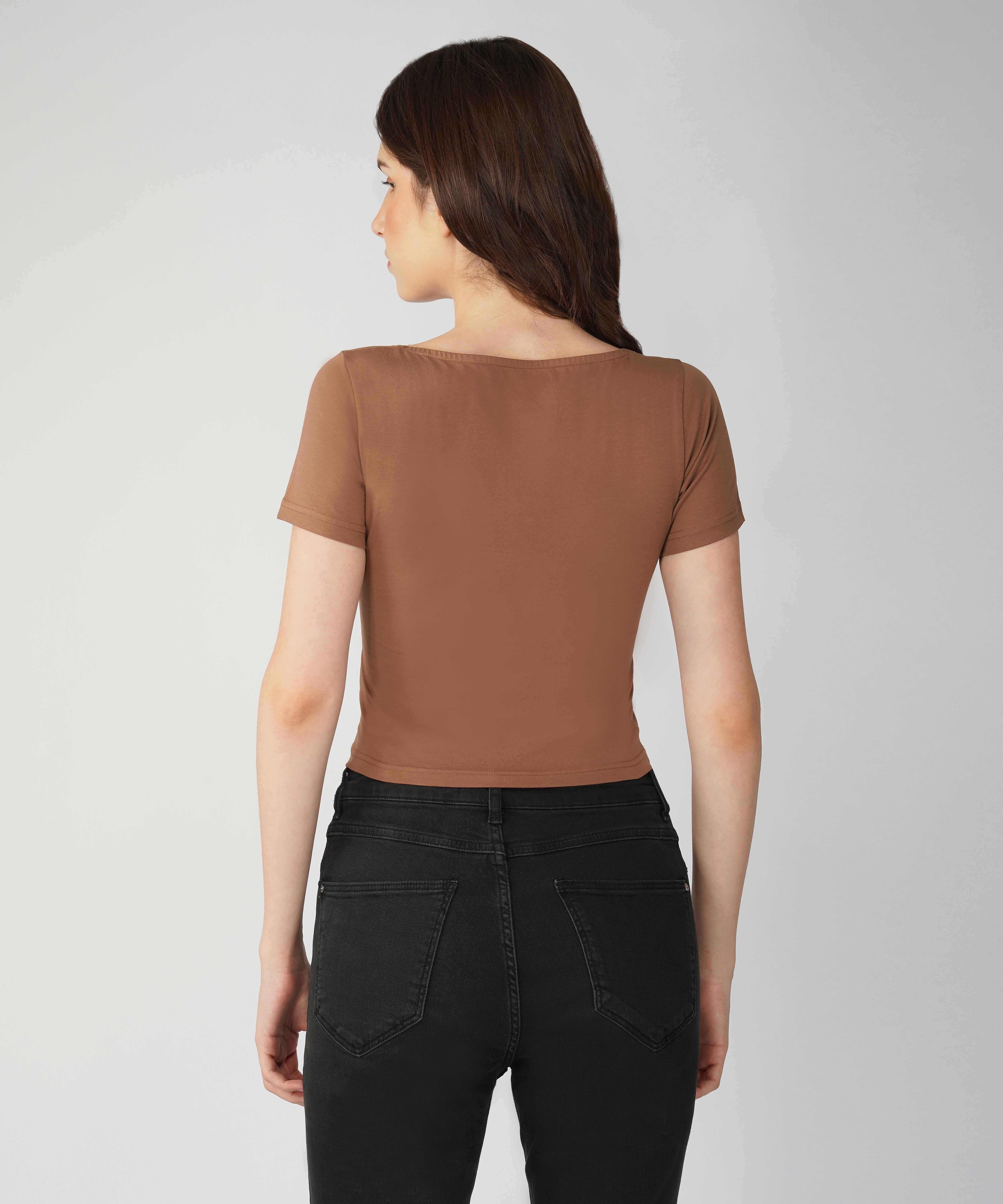 Oneway Women Solid Slim Fit Brown Top