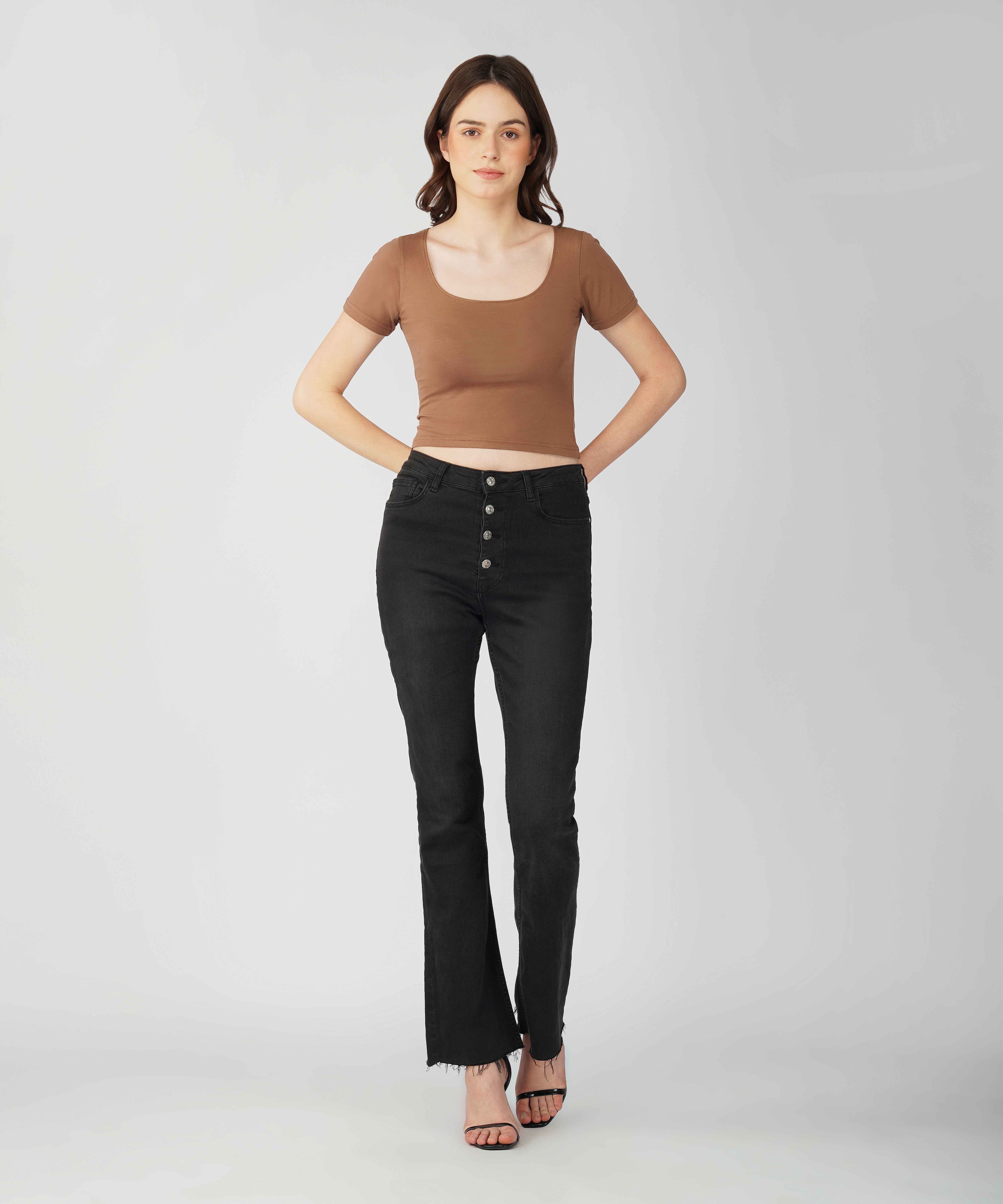 Oneway Women Solid Slim Fit Brown Top