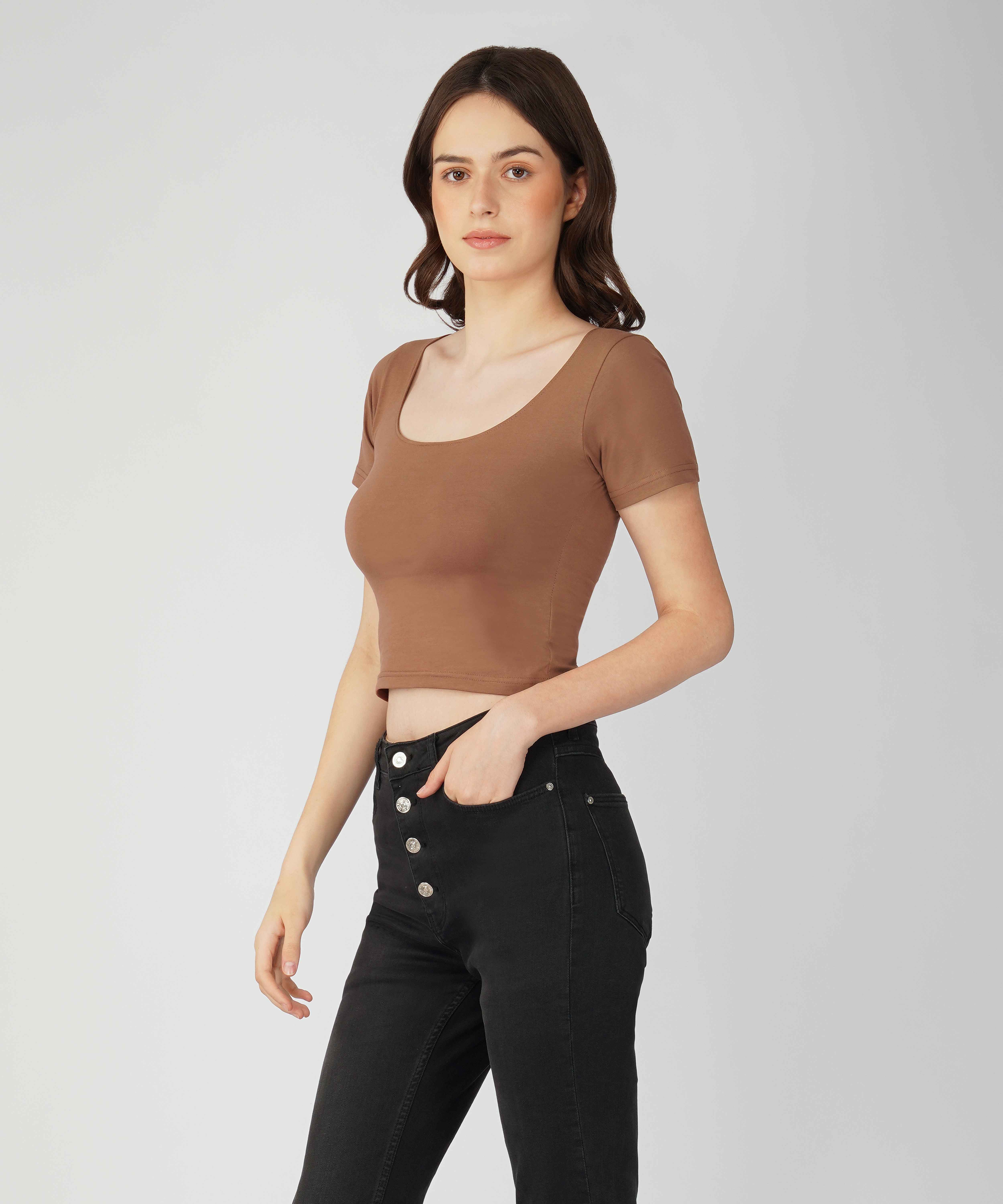 Oneway Women Solid Slim Fit Brown Top