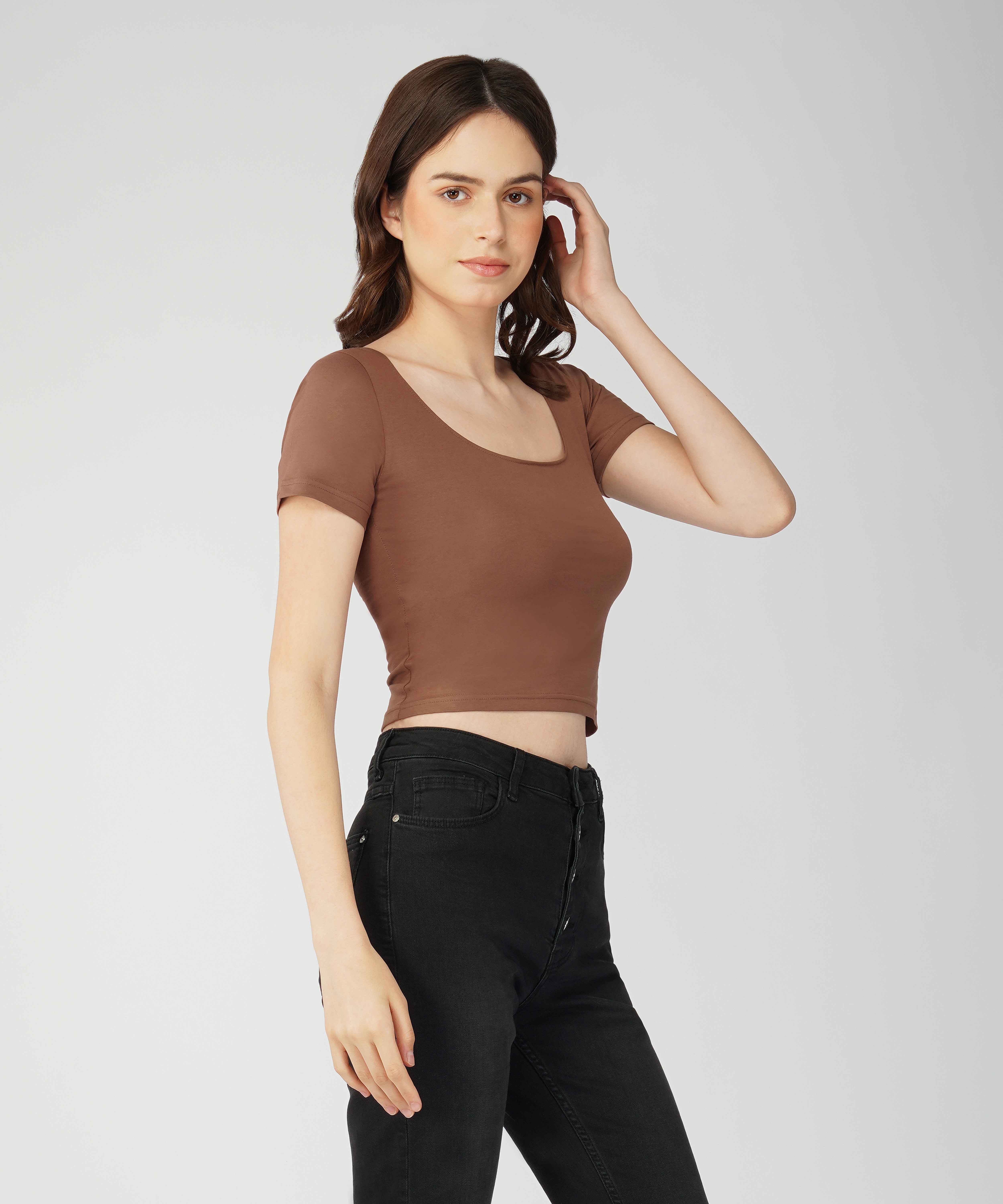 Oneway Women Solid Slim Fit Brown Top