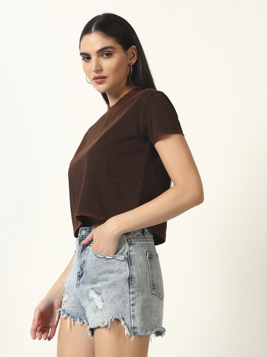 Oneway Women Solid Black Acid Wash Tshirt