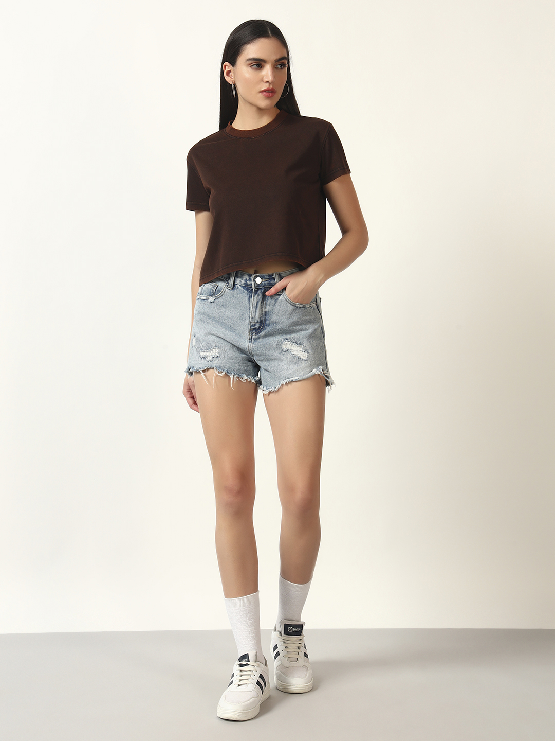 Oneway Women Solid Black Acid Wash Tshirt