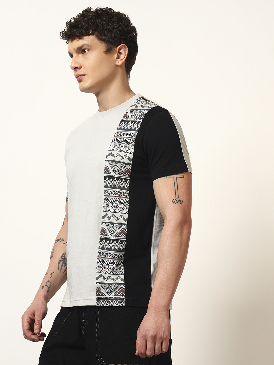 Oneway Men's Geometric Print Regular Fit Light Grey T-shirt