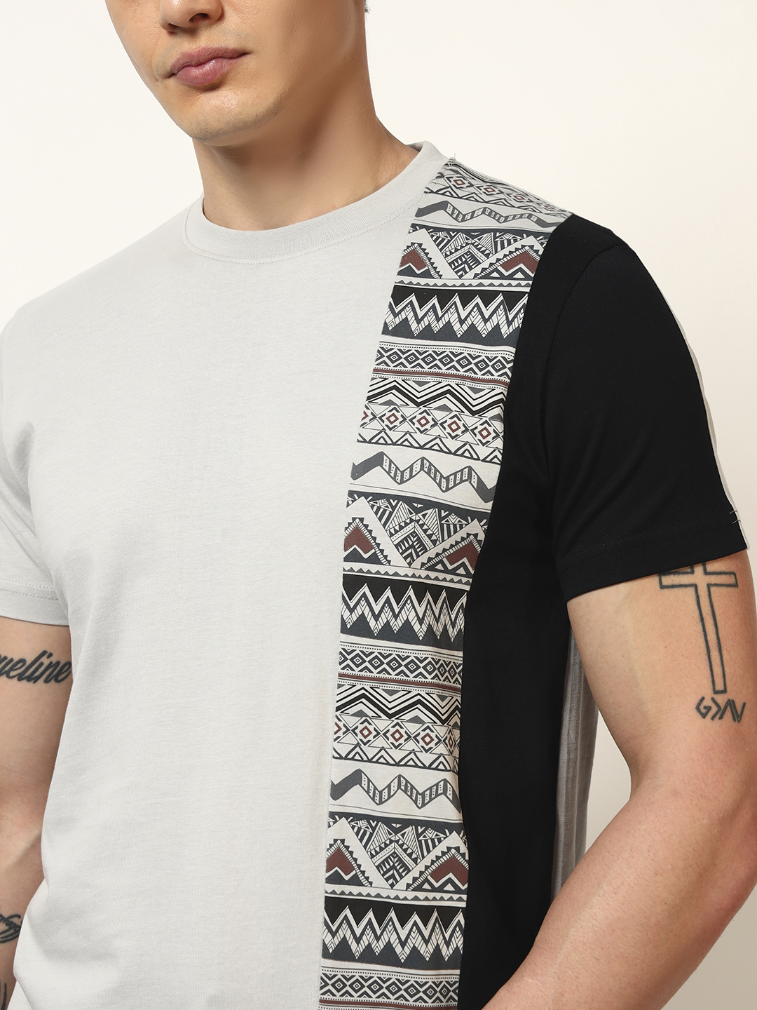 Oneway Men's Geometric Print Regular Fit Light Grey T-shirt