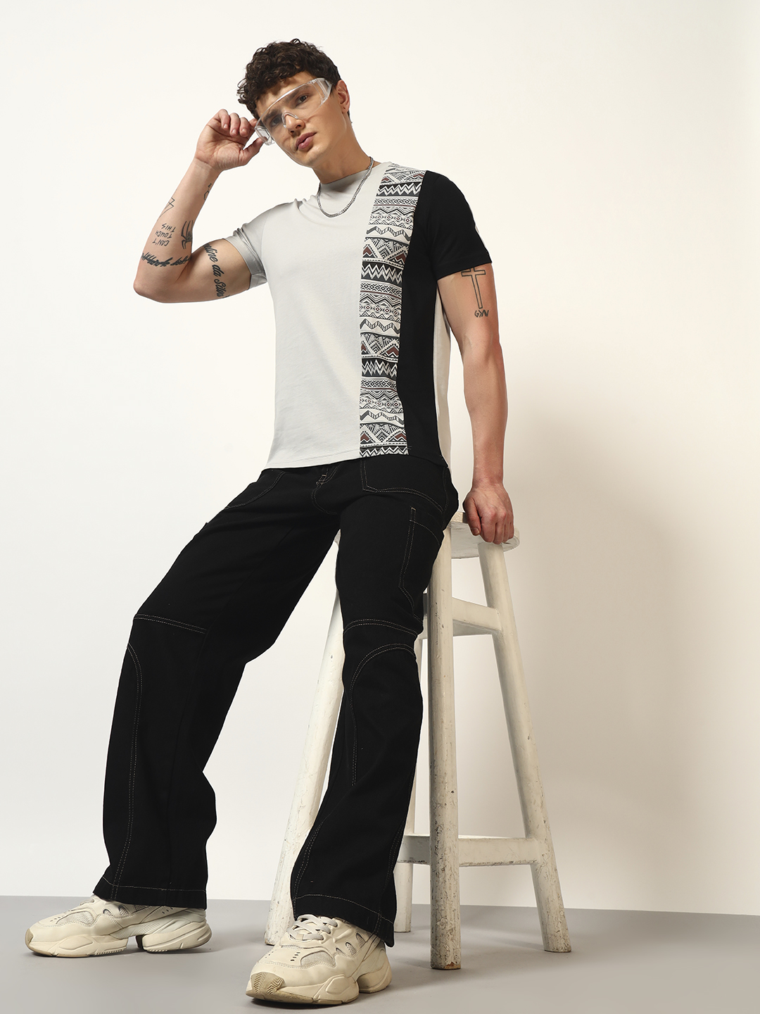 Oneway Men's Geometric Print Regular Fit Light Grey T-shirt