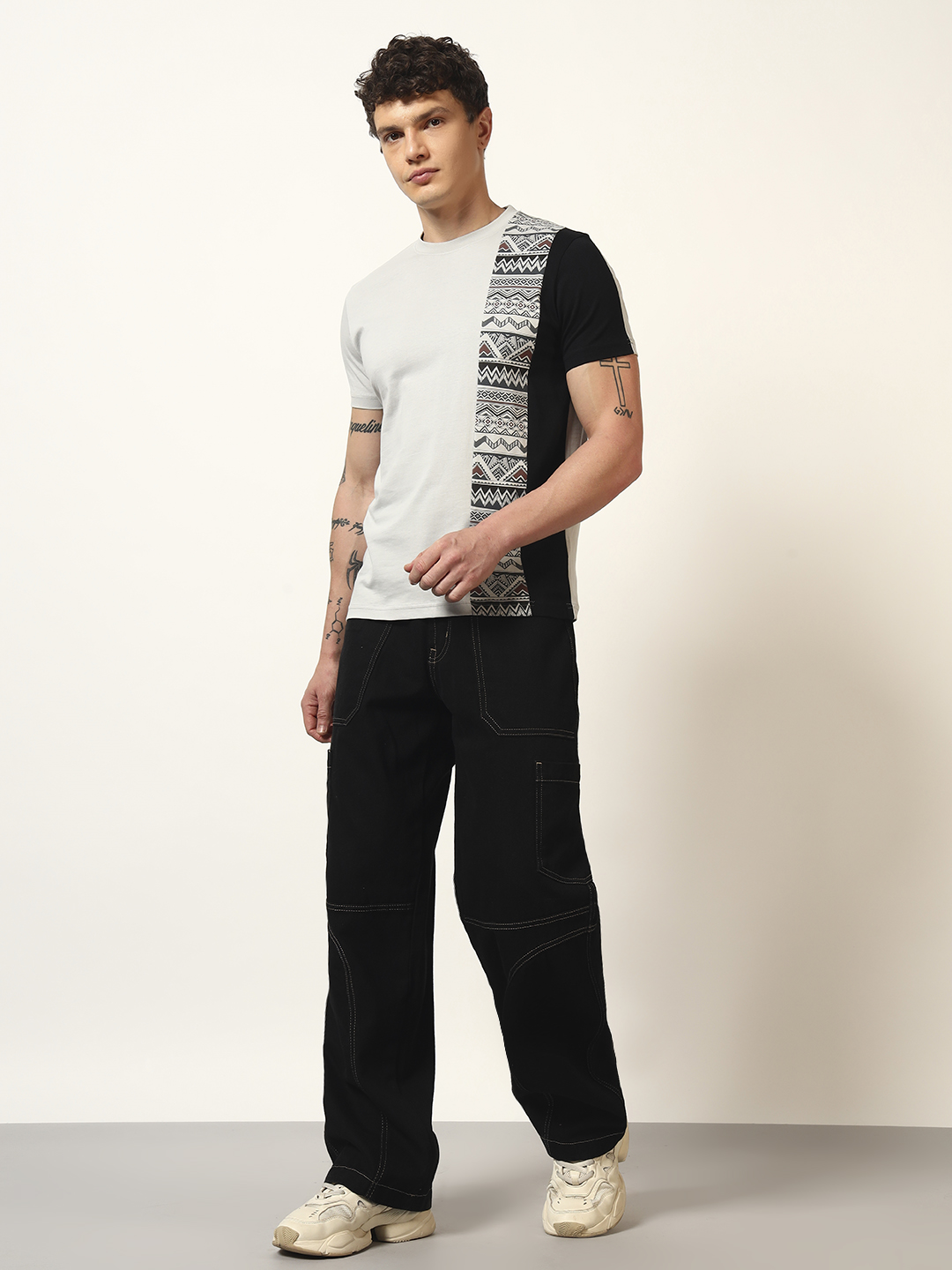 Oneway Men's Geometric Print Regular Fit Light Grey T-shirt