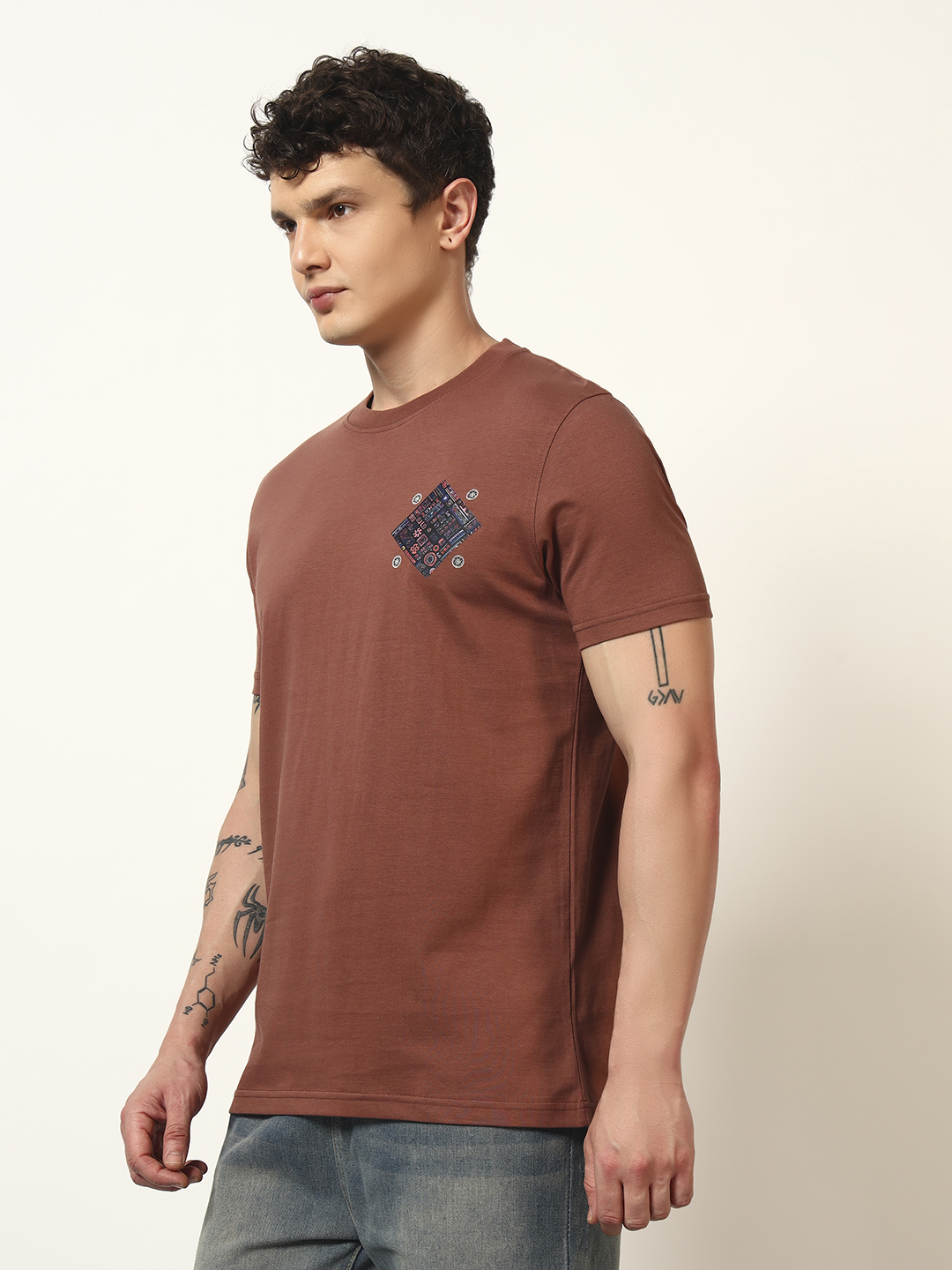 Oneway Men Printed Regular Fit Brown Tshirt
