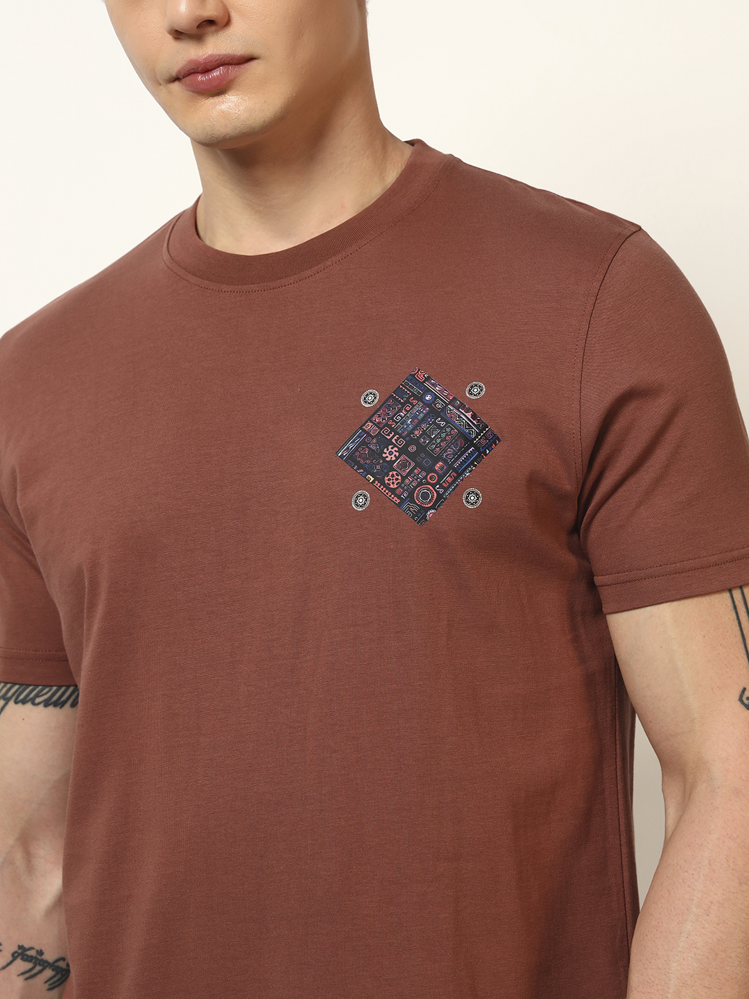 Oneway Men Printed Regular Fit Brown Tshirt
