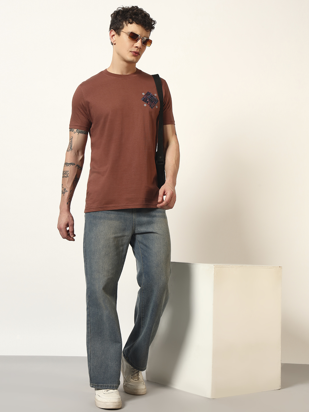 Oneway Men Printed Regular Fit Brown Tshirt