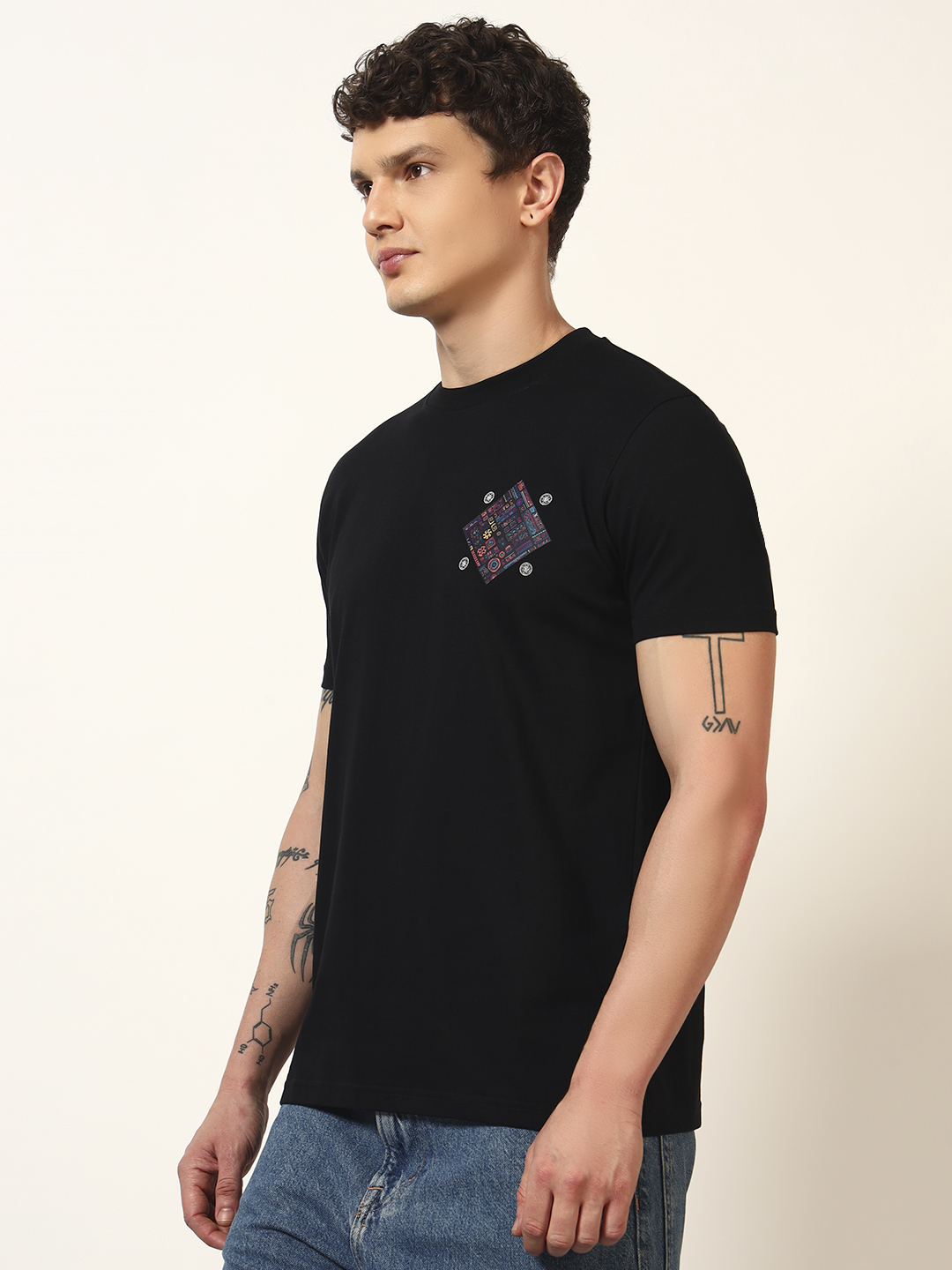 Oneway Men Printed Regular Fit Black Tshirt