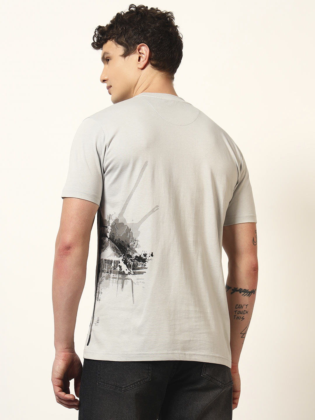 Oneway Men Printed Light Grey T-Shirt