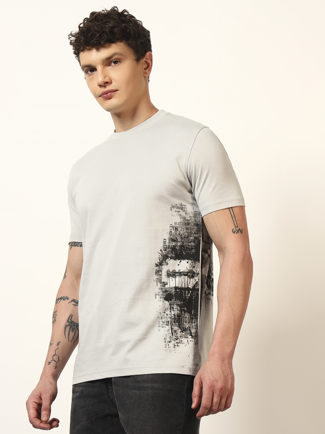 Oneway Men Printed Light Grey T-Shirt