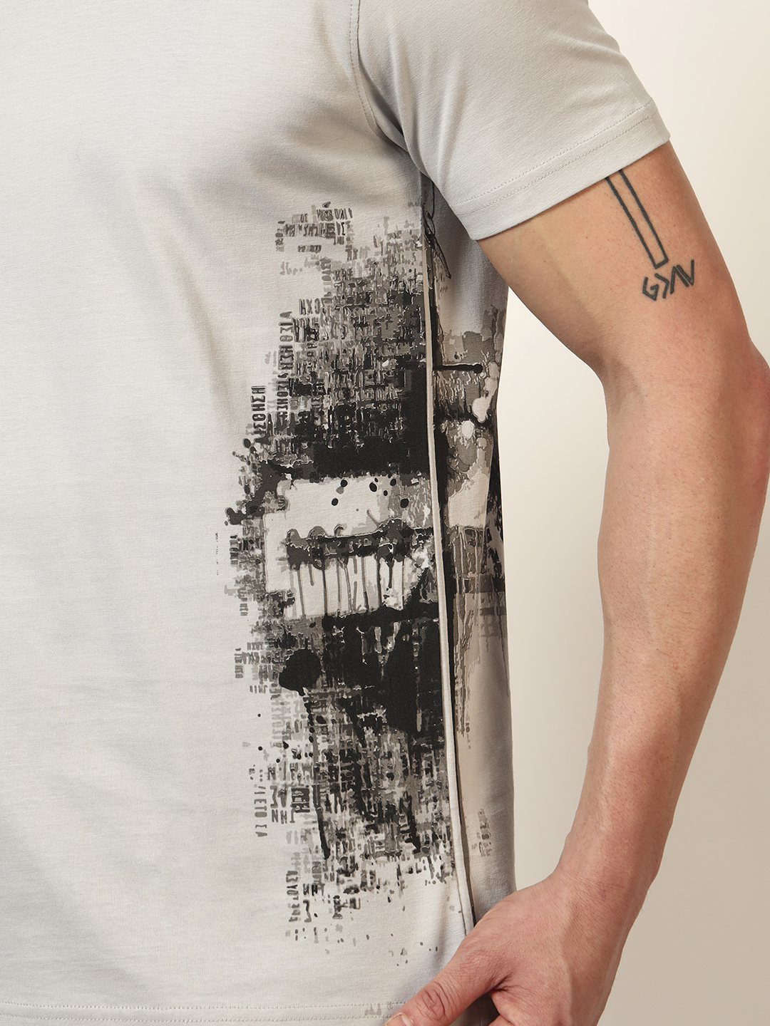 Oneway Men Printed Light Grey T-Shirt