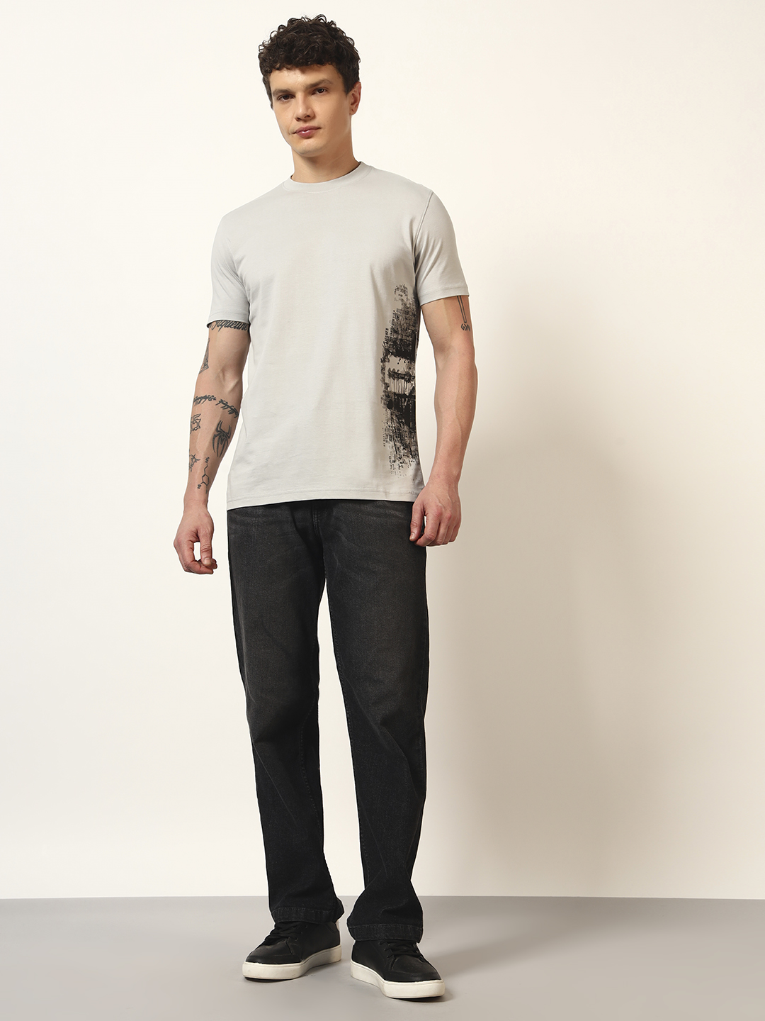 Oneway Men Printed Light Grey T-Shirt