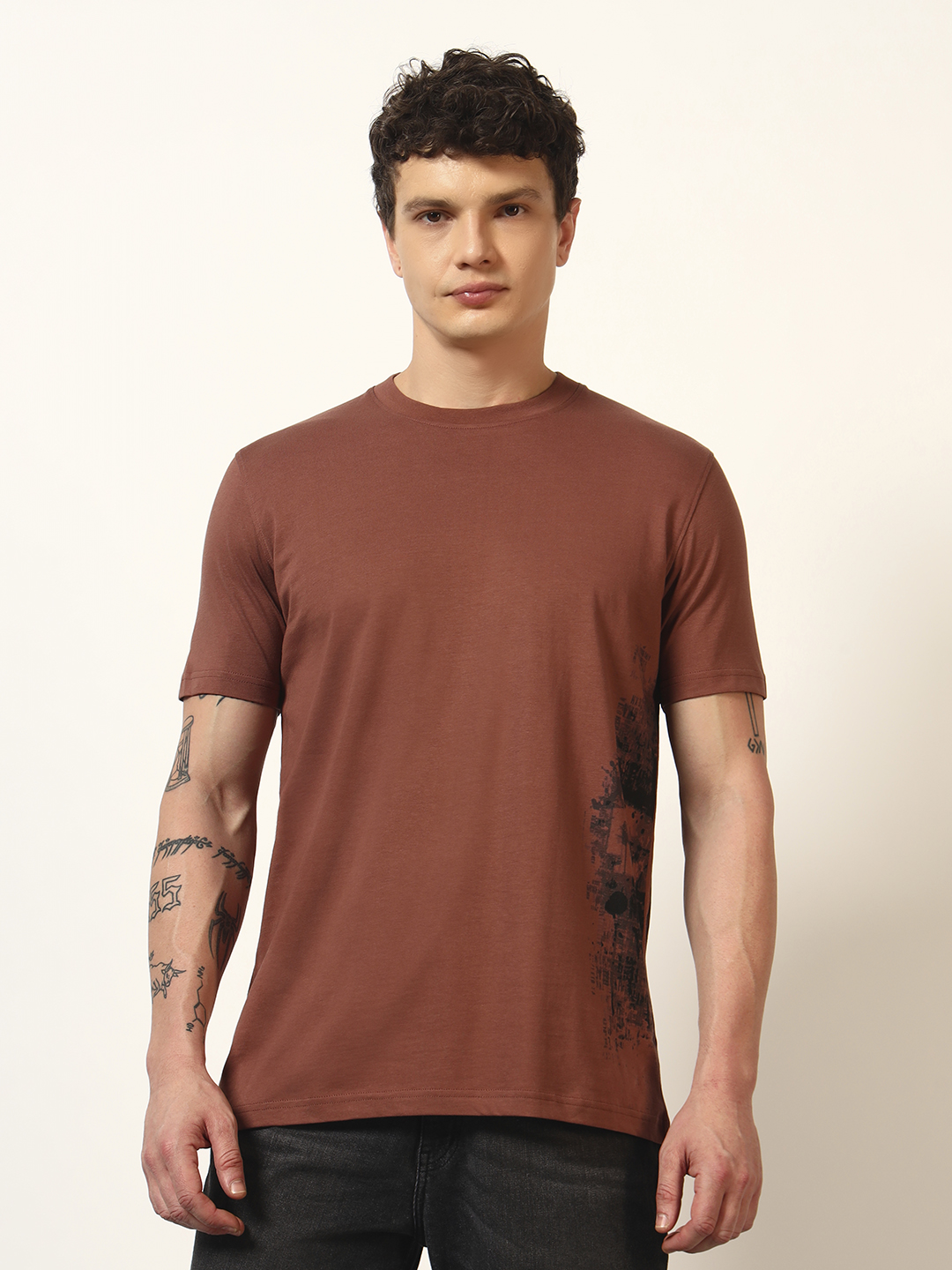Oneway Men Printed Brown T-Shirt