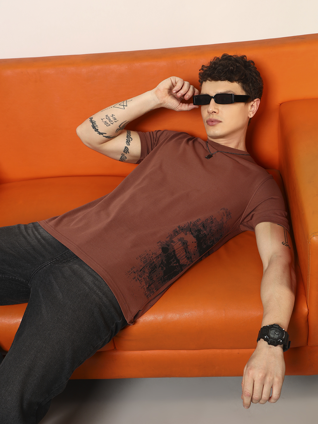 Oneway Men Printed Brown T-Shirt