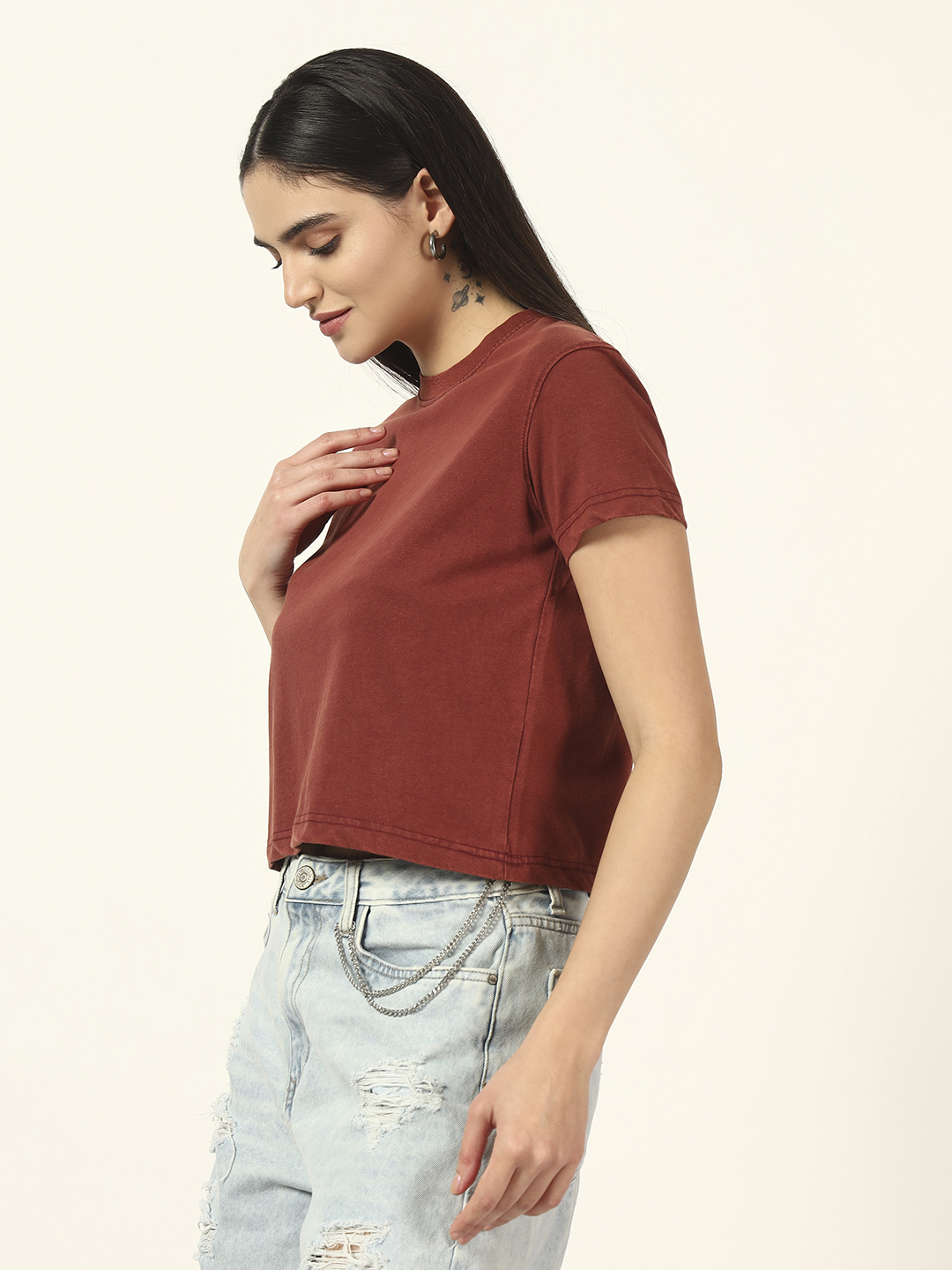 Oneway Women Solid Dark Brown Tshirt