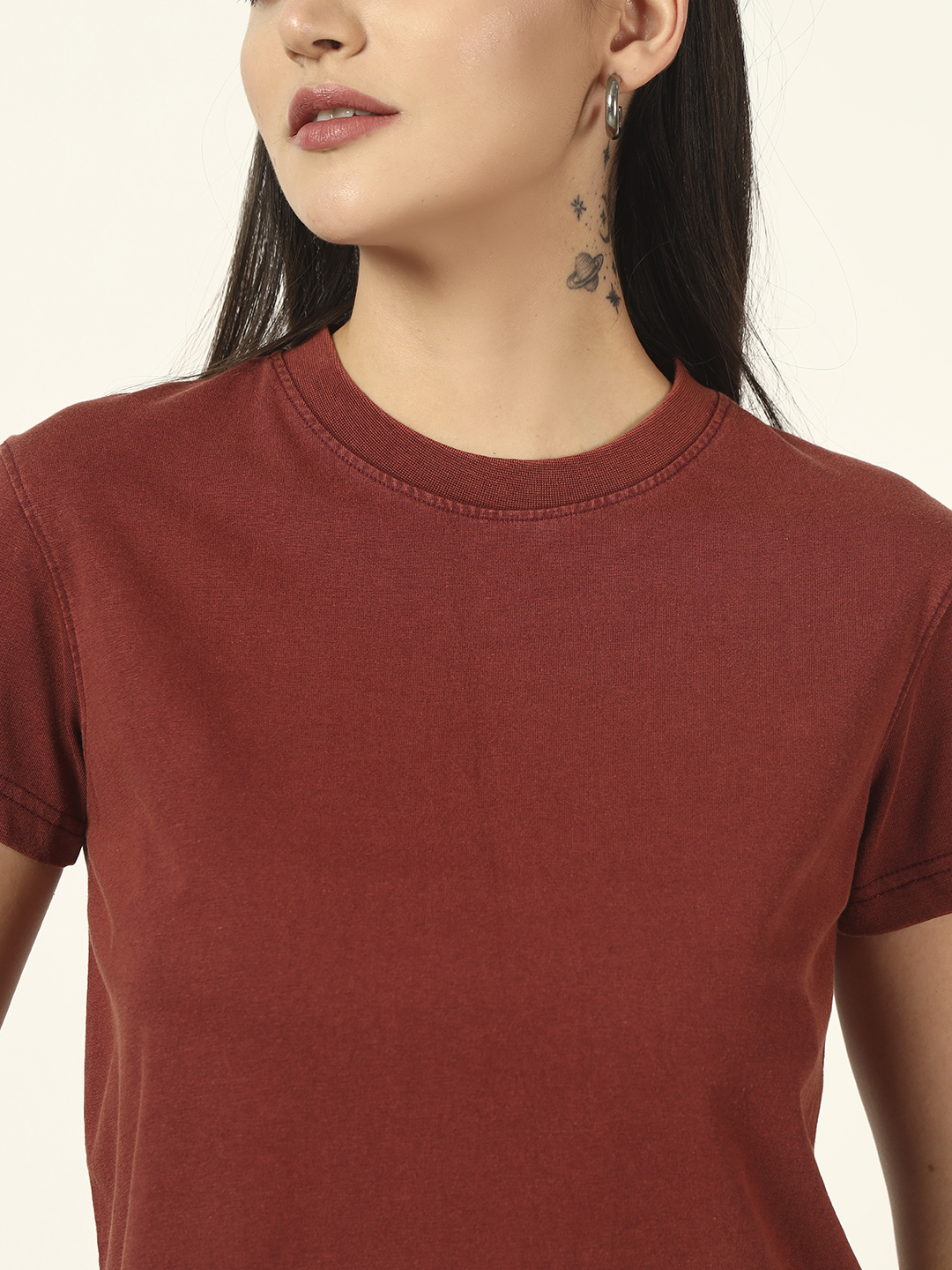 Oneway Women Solid Dark Brown Tshirt