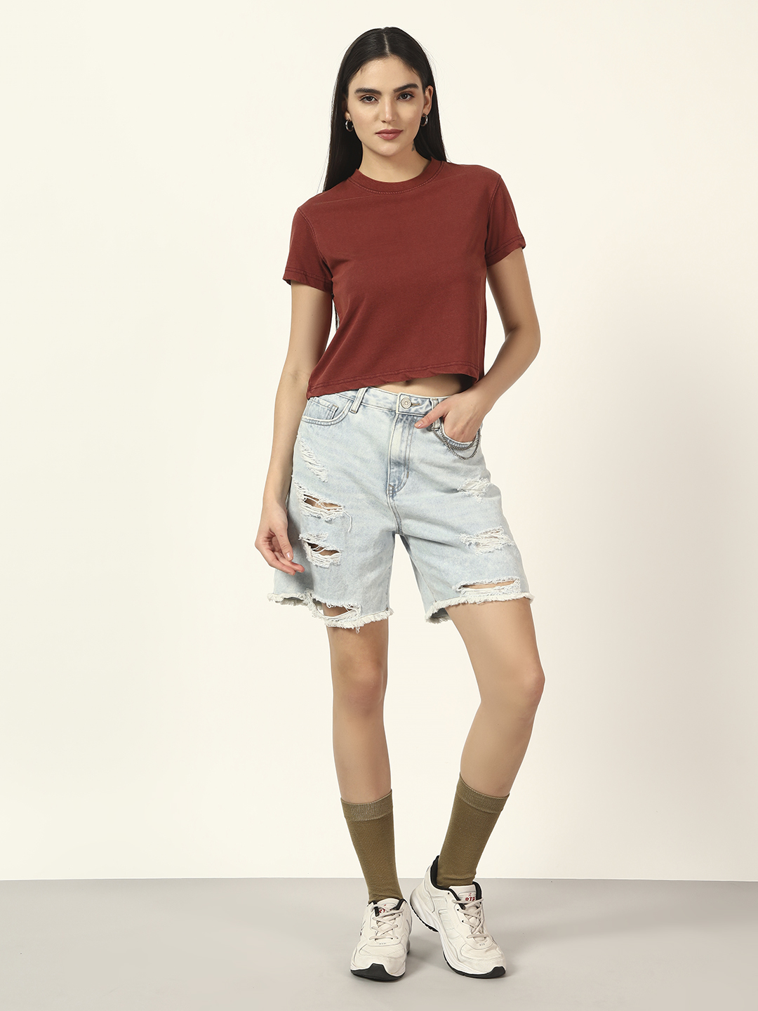 Oneway Women Solid Dark Brown Tshirt