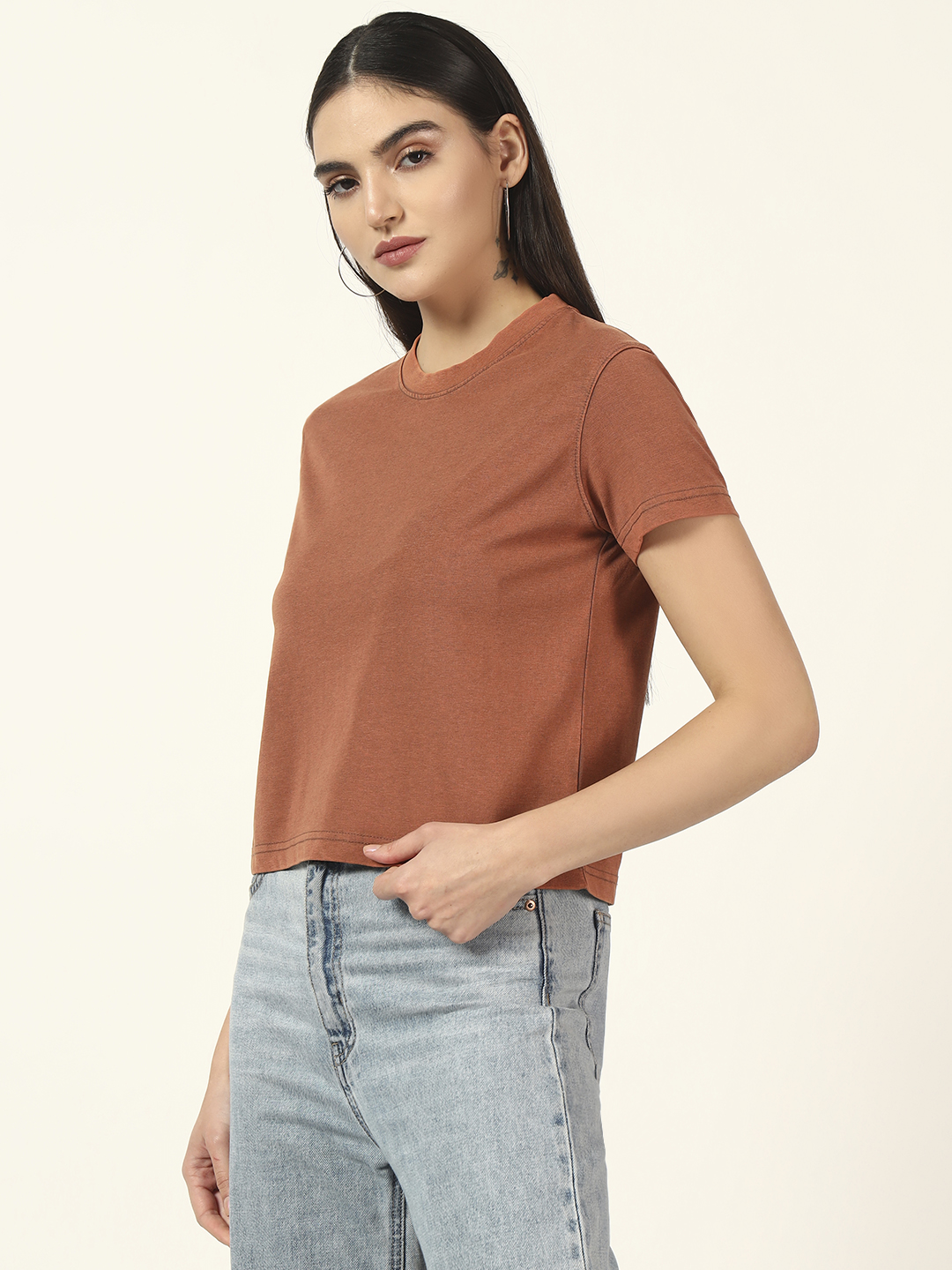 Oneway Women Solid Light Brown Tshirt