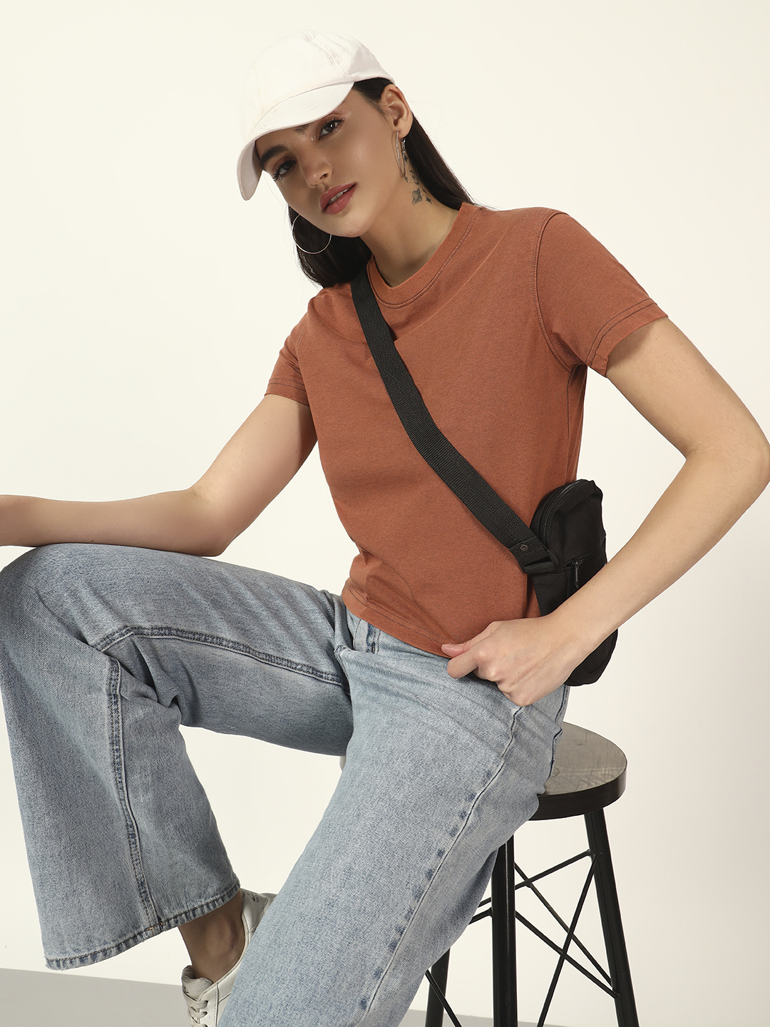 Oneway Women Solid Light Brown Tshirt