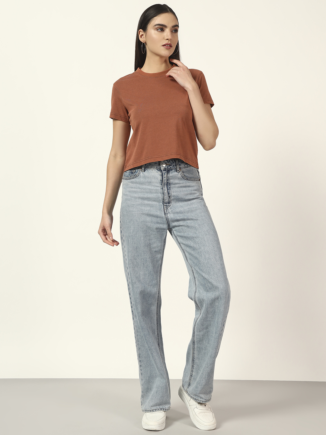 Oneway Women Solid Light Brown Tshirt