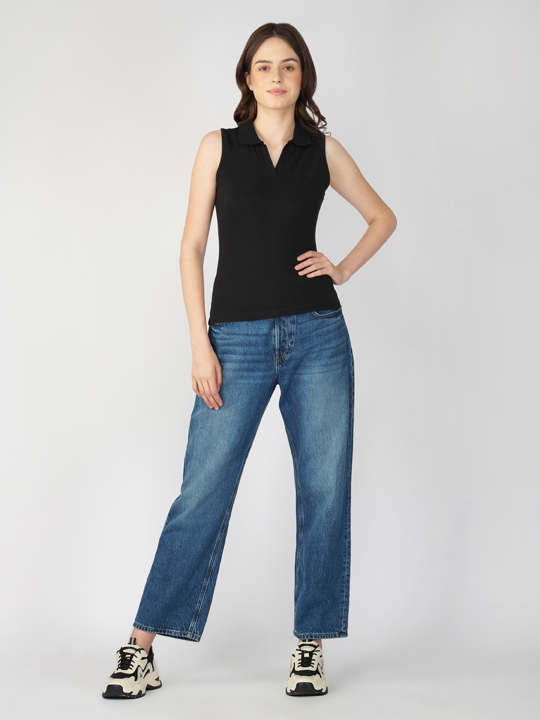 Oneway Women Sleeveless Polo Neck Top