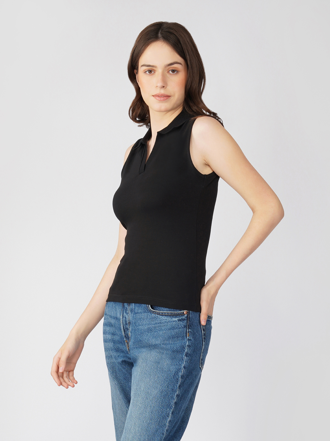Oneway Women Sleeveless Polo Neck Top