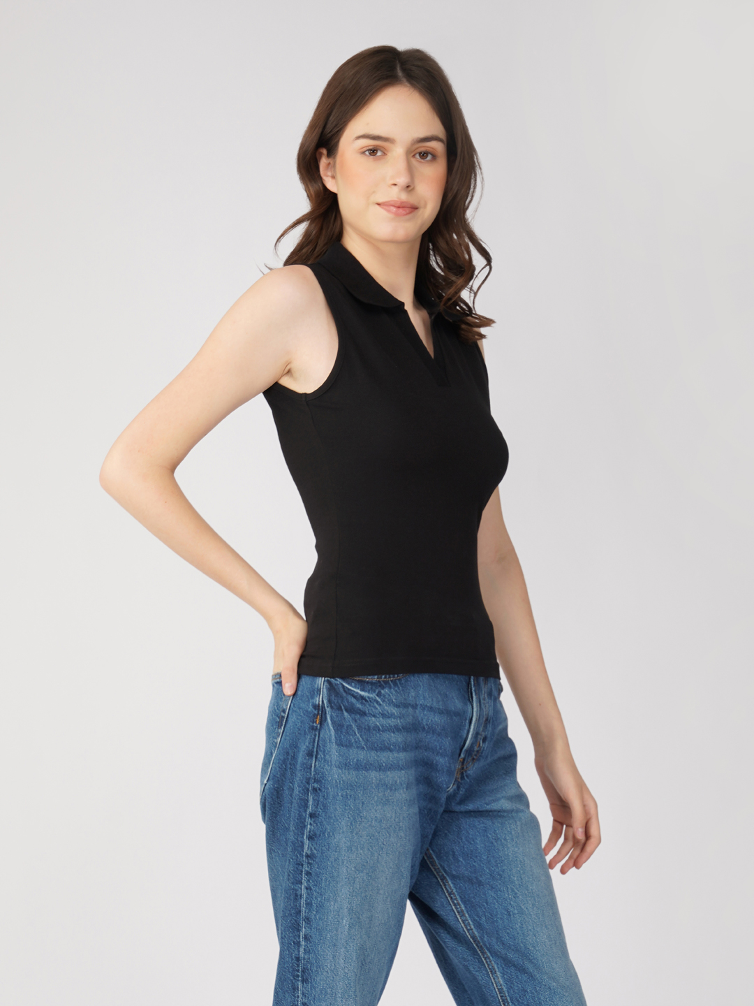 Oneway Women Sleeveless Polo Neck Top