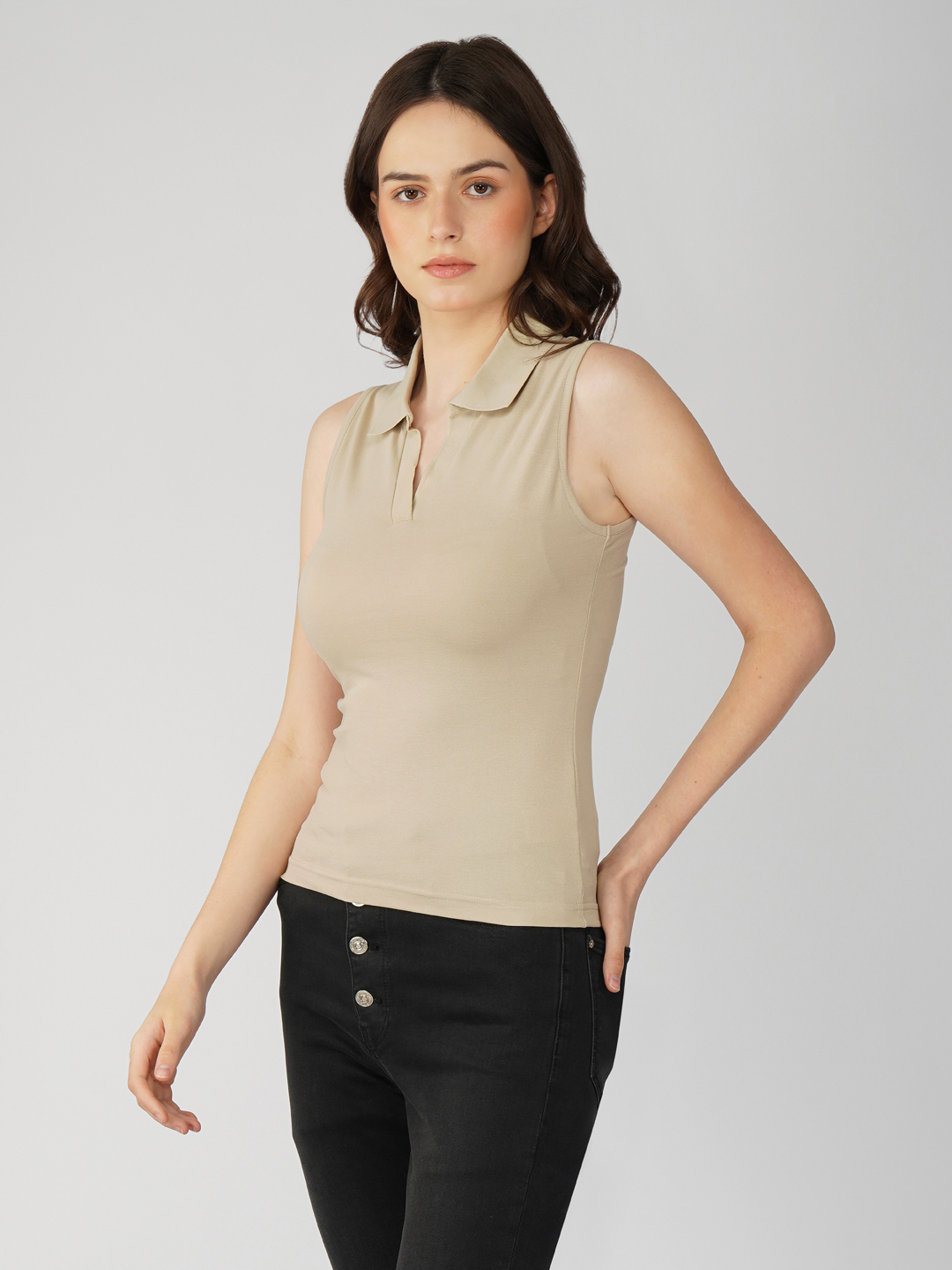 Oneway Women Sleeveless Polo Neck Top