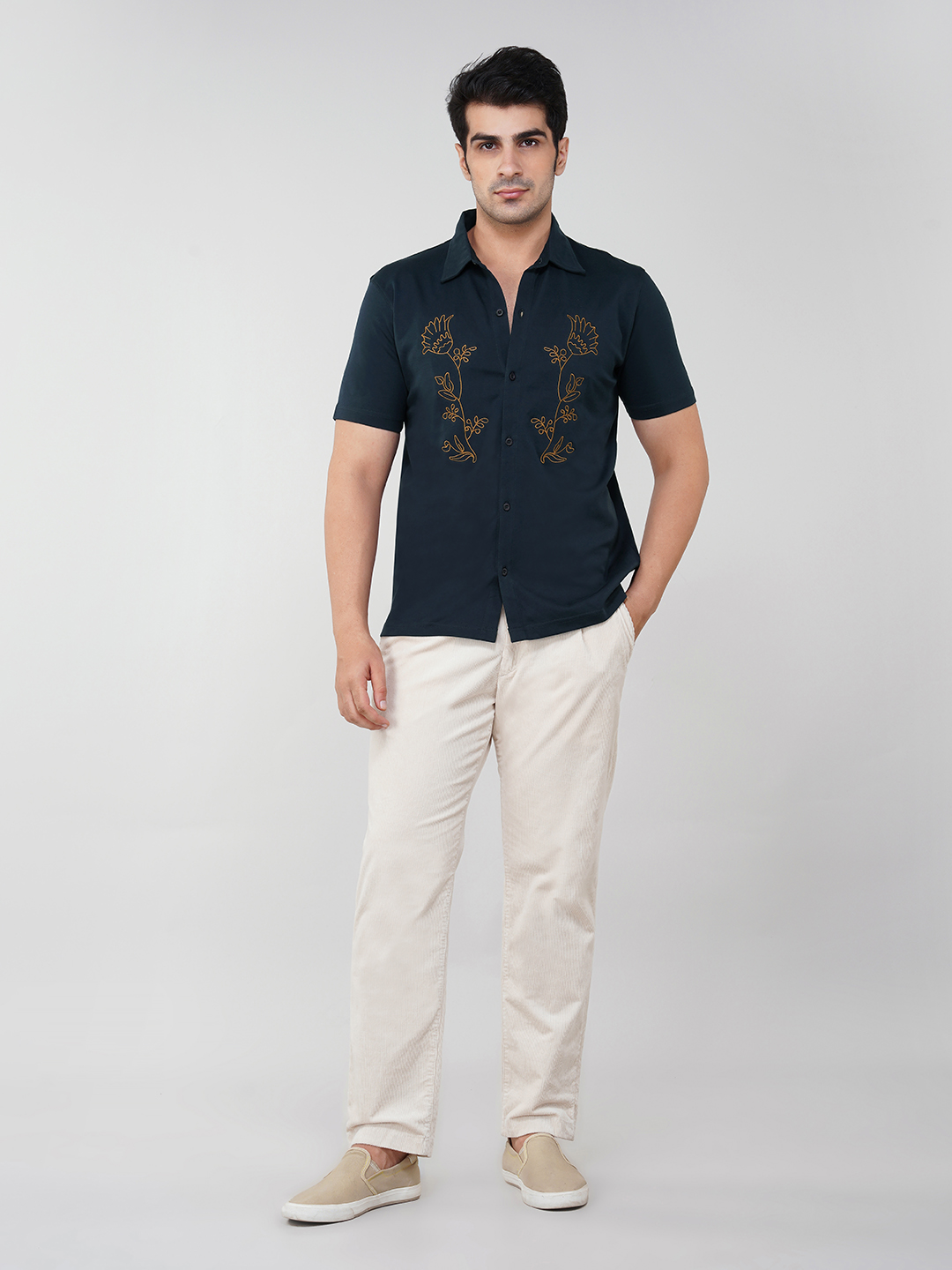 Oneway Men Embroidered Navy Blue Shirt
