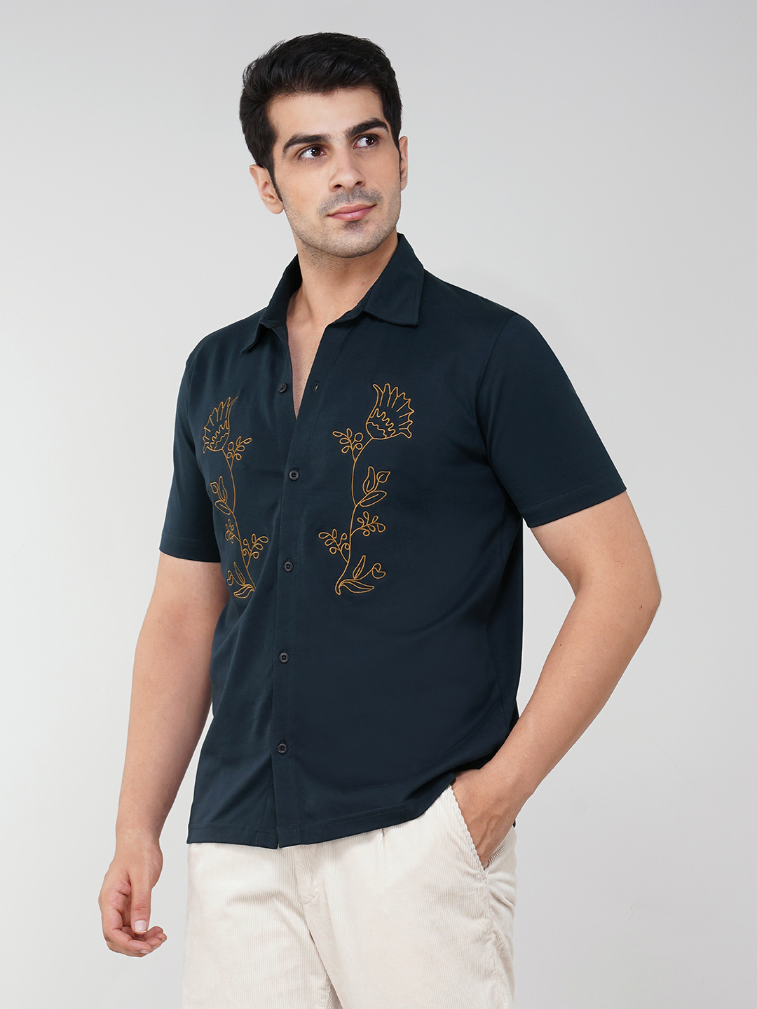Oneway Men Embroidered Navy Blue Shirt