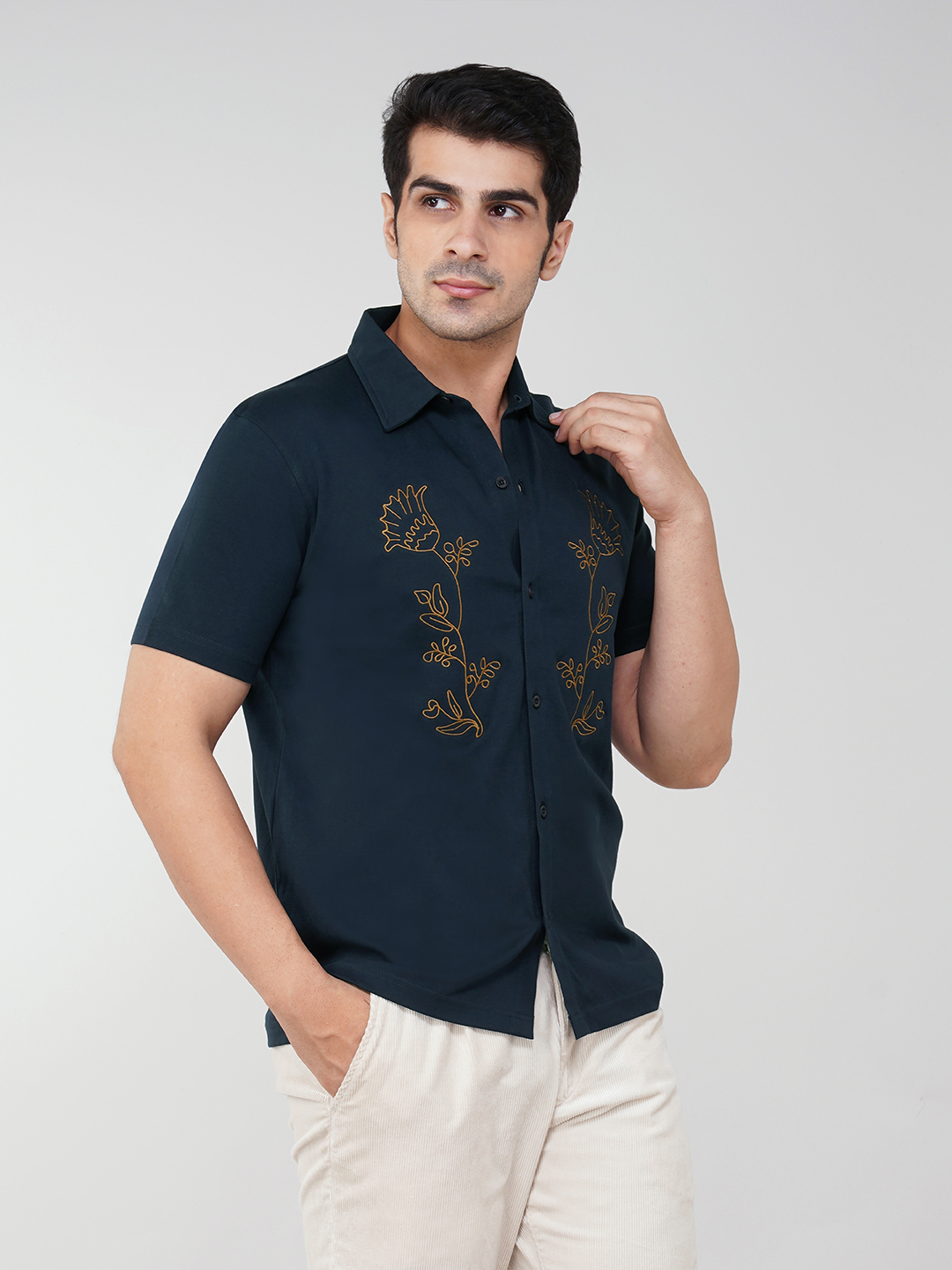 Oneway Men Embroidered Navy Blue Shirt