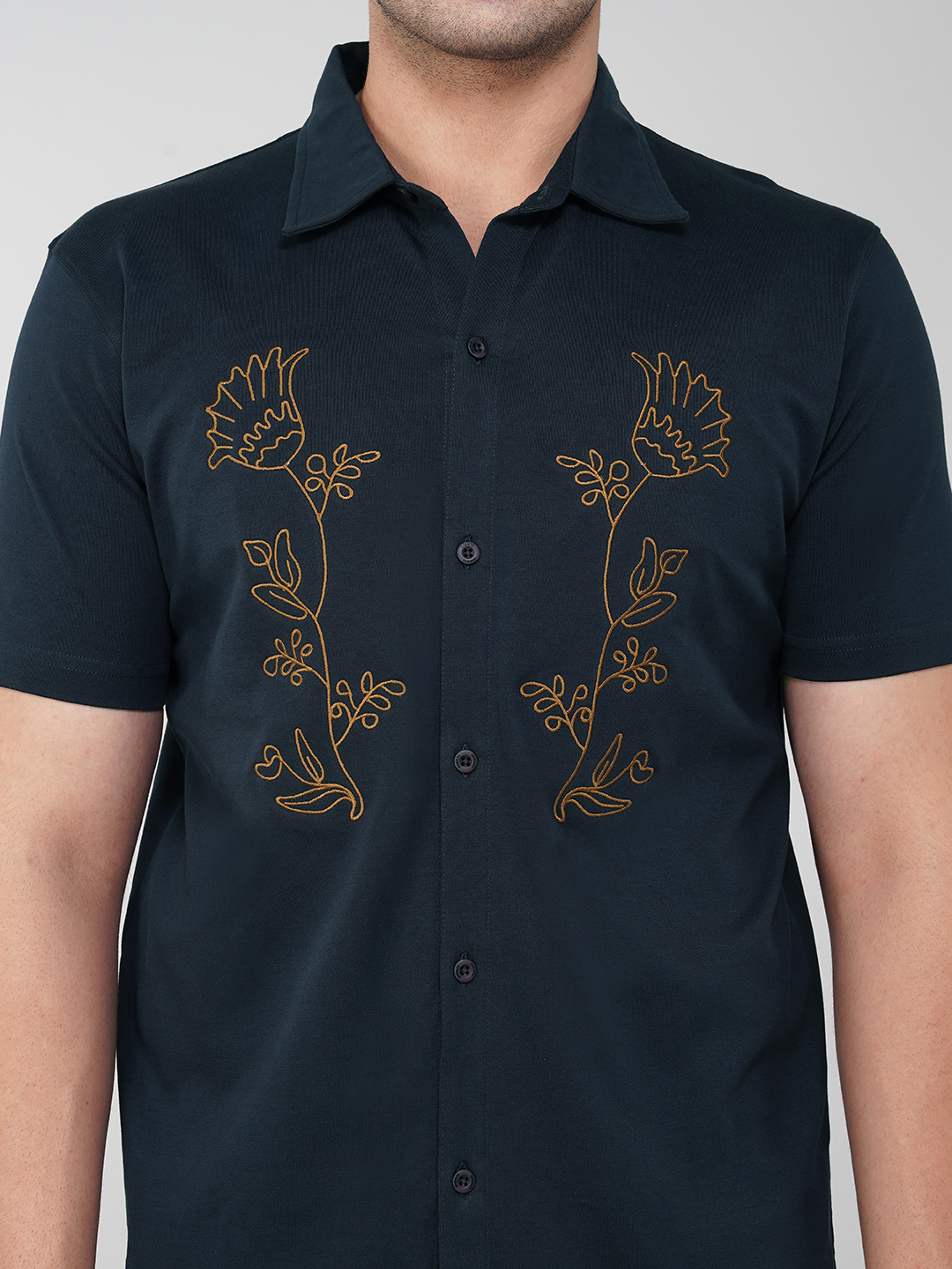 Oneway Men Embroidered Navy Blue Shirt