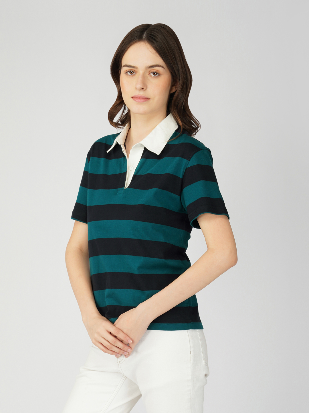 Oneway Women Striped Green Polo T-Shirt