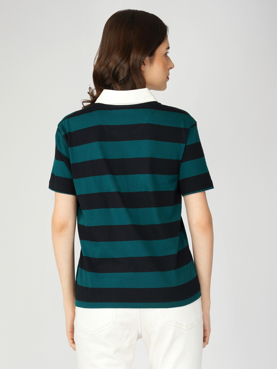 Oneway Women Striped Green Polo T-Shirt
