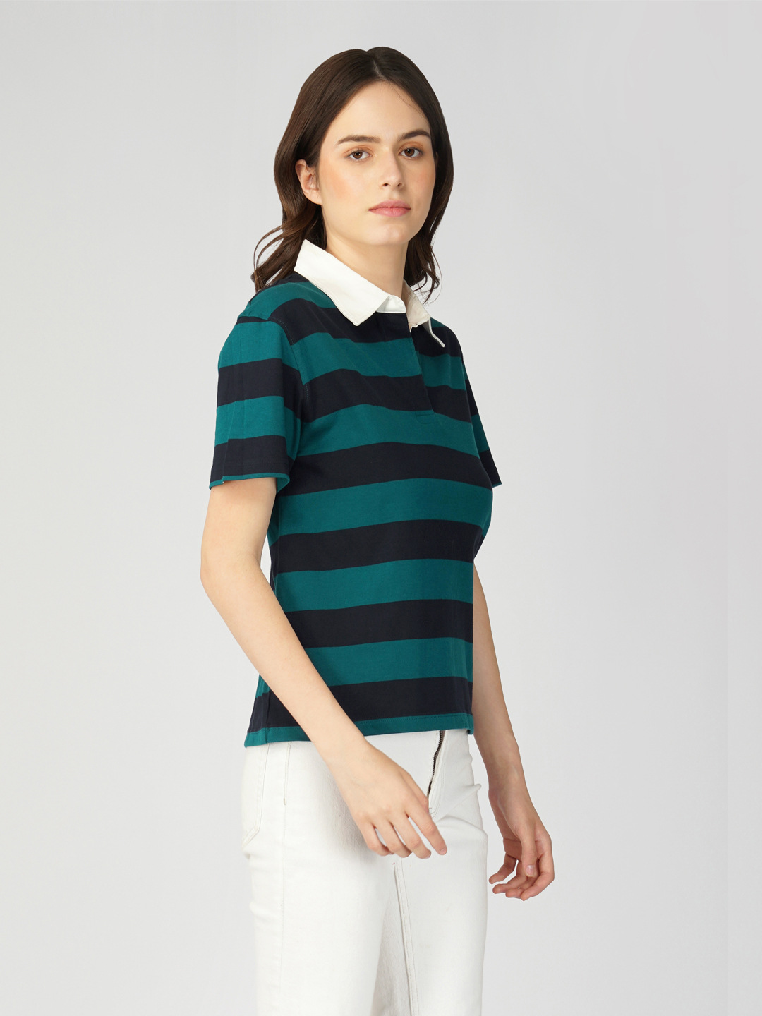 Oneway Women Striped Green Polo T-Shirt