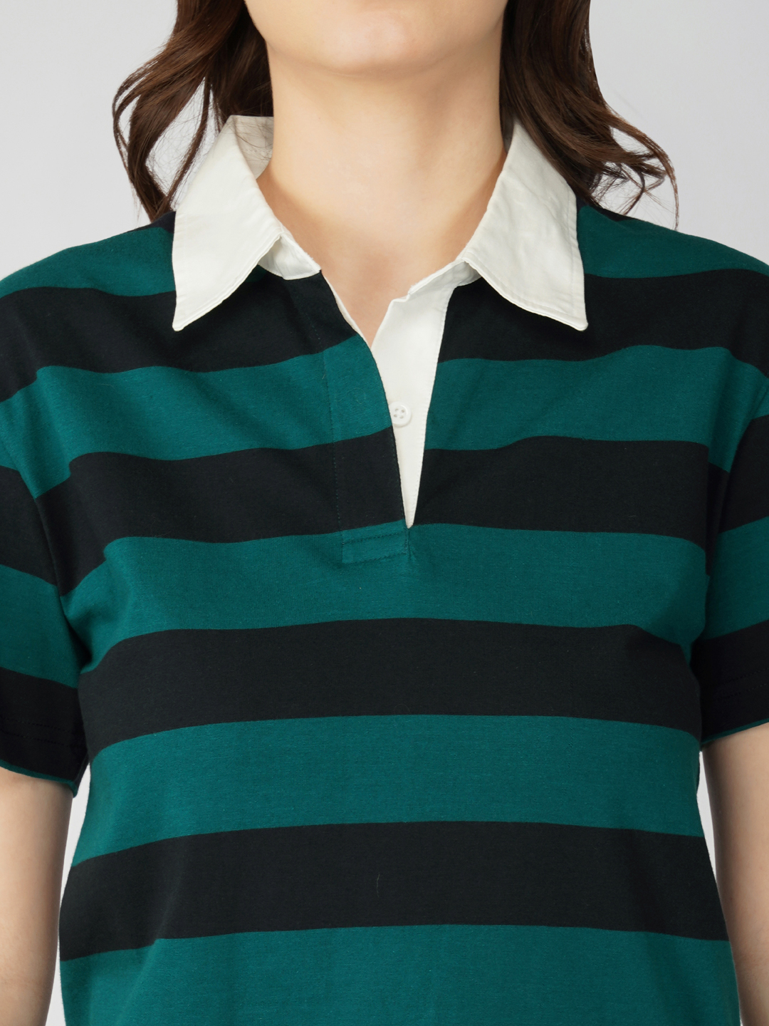Oneway Women Striped Green Polo T-Shirt