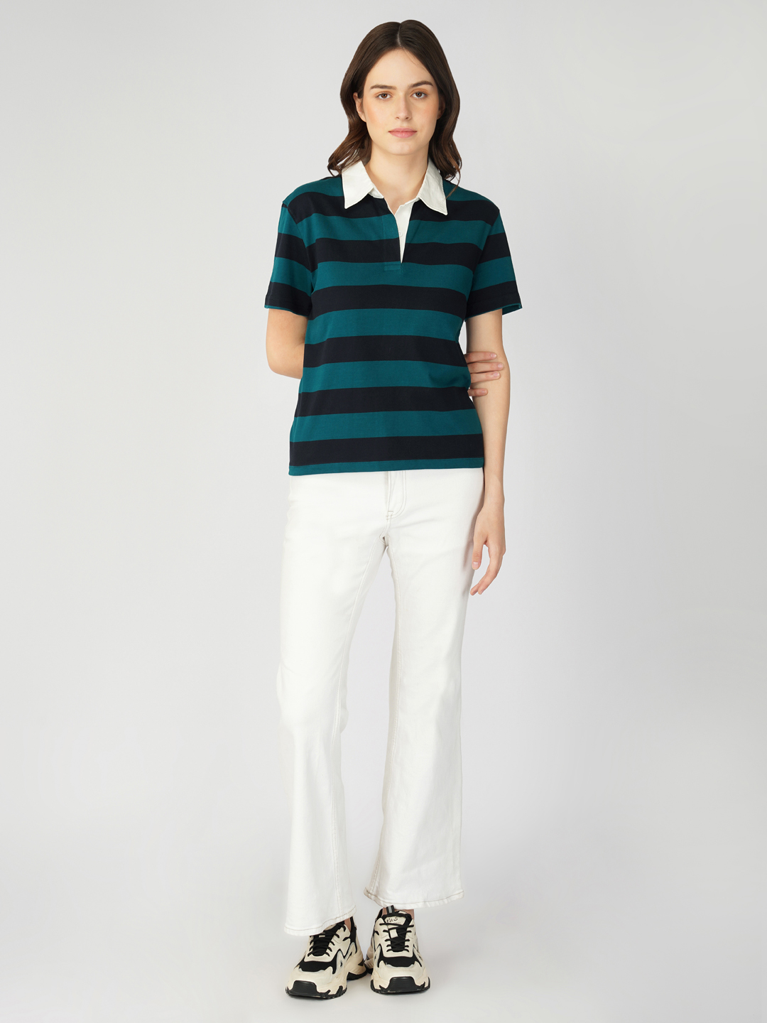 Oneway Women Striped Green Polo T-Shirt