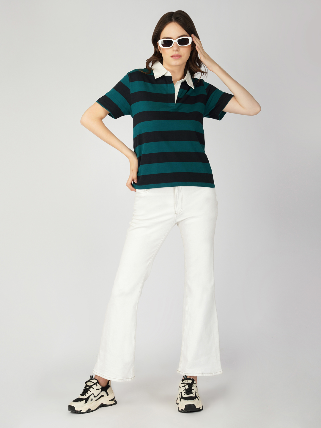 Oneway Women Striped Green Polo T-Shirt