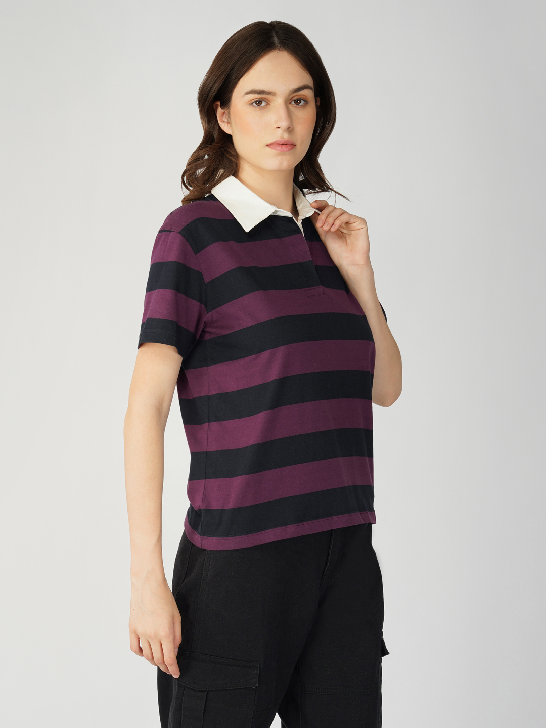 Oneway Women Striped Purple Polo T-Shirt