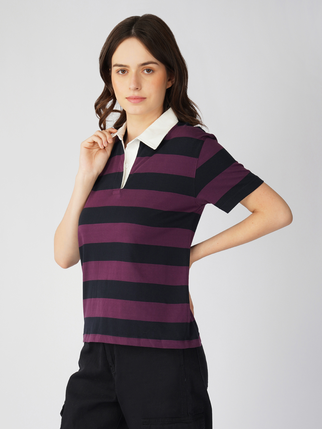 Oneway Women Striped Purple Polo T-Shirt