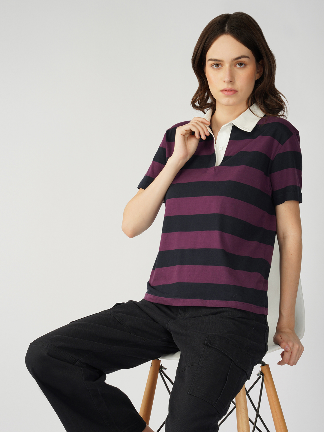 Oneway Women Striped Purple Polo T-Shirt